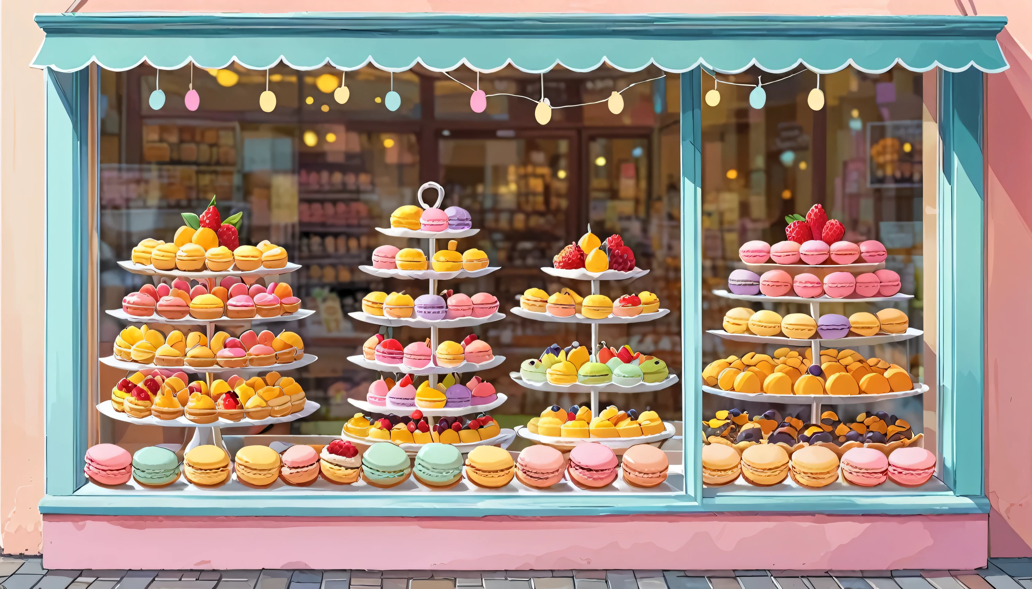 A simple childish vector illustration of A pastry shop window filled with fruit tarts and macarons in pastel colors.