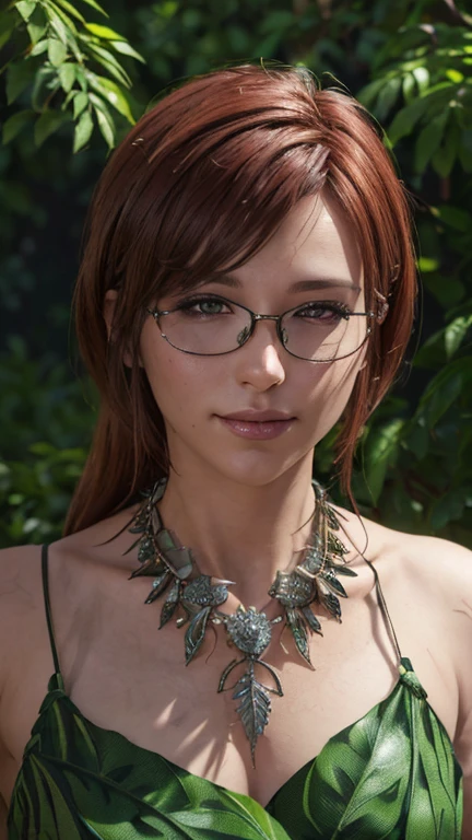 portrait, close-up, upper body. Short, red hair, green eyes, glasses with metal frames, green nightgown, joyful smile, cheerful girl . (masterpiece, top quality, best quality, official art, beautiful and aesthetically pleasing:1.2), extremely detailed,(fractal art:1.2),Colorful,The most detailed, (dynamic pose), (bush background:1.5), (lots of leaves:1.4). ((SPLIT. Skin texture, shiny skin. elegance. photorealism. unreal engine. 3D model. Ultra high quality textures. high detail. permission 8k))