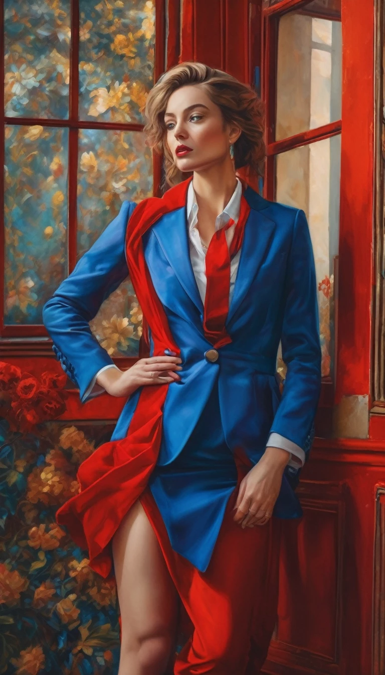 (whole body,There are legs and feet )(Better quality, 4K, 8k, high resolution, artwork: 1.2), (Super detailed, Realist, fotorRealist:1.37)A charming young woman, Wearing a striking red and blue suit, Standing in front of the window,A tough and determined look. Her charming eyes have exquisite details, Capture every gleam and depth, Her lips have a delicate beauty that is both charming and seductive. Level of detail extends across the entire face, Every contour and feature is perfectly rendered, Create a sense of surrealism,attract the audience. With wings and seating in throne
costumes , Reminiscent of oil painting art, It is a piece of artwork in itself.. factory, Carefully crafted,Similar to vibrant brush strokes, Add a touch of vitality to your overall look. This is the true embodiment of the artist'of talent, Demonstrate mastery