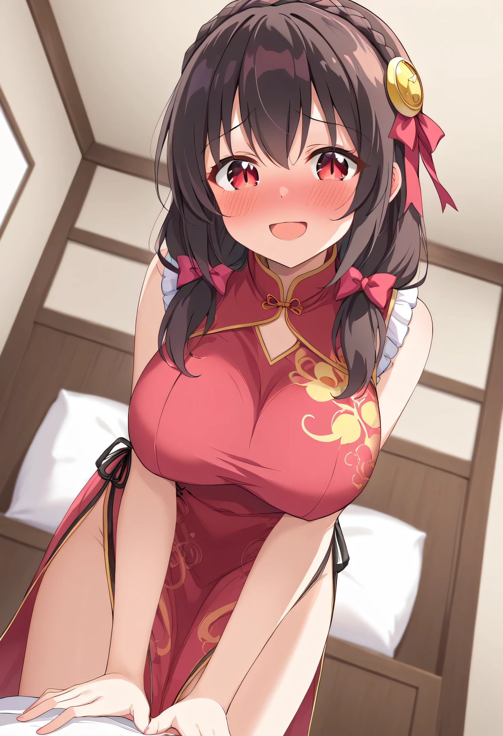 yunyun、masterpiece,Best Quality, High resolution,One person, Yunyun、My name is Yunyun, Crown braids in the same color as your hair, Black Hair、Red eyes、Hair Accessories, Hair Ribbon, Red Chinese Dress, Slit in skirt、(She has big breasts)、(A shy smile:1.4)、(blush:1.4)、indoor、♥、heart、(Mouth open)、Leaning forward、(The viewer is a lap pillow)、View from below、Focus on the chest