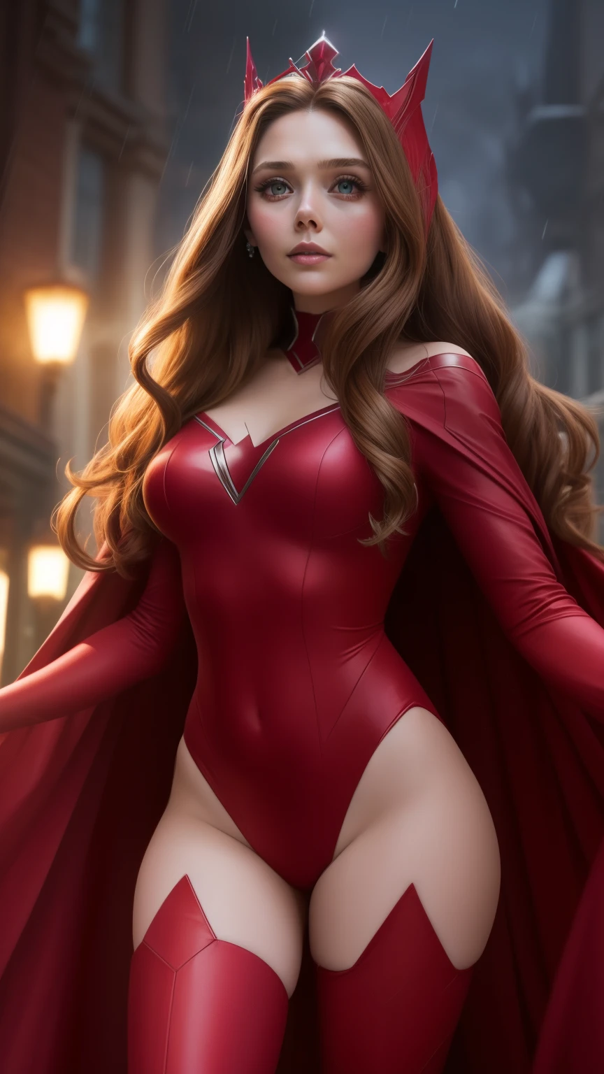 Elizabeth Olsen extremely detailed as well, beautiful, Scarlet Witch Cosplay, full body photo, scarlet witch tiara, red swimsuit, ((Scarlet Witch)), pink pantyhose, prominent figure, night, photo (Masterpiece) (Best quality) (detail) (8K) (HD) (Wallpaper) (Cinematic lighting) (Sharp focus) (Intricate), sexy, rain, best quality, ultra high resolution, realistic photo, full body portrait, incredibly beautiful, dynamic poses, detailed skin texture, highly detailed skin, detailed face, beautiful legs, soil