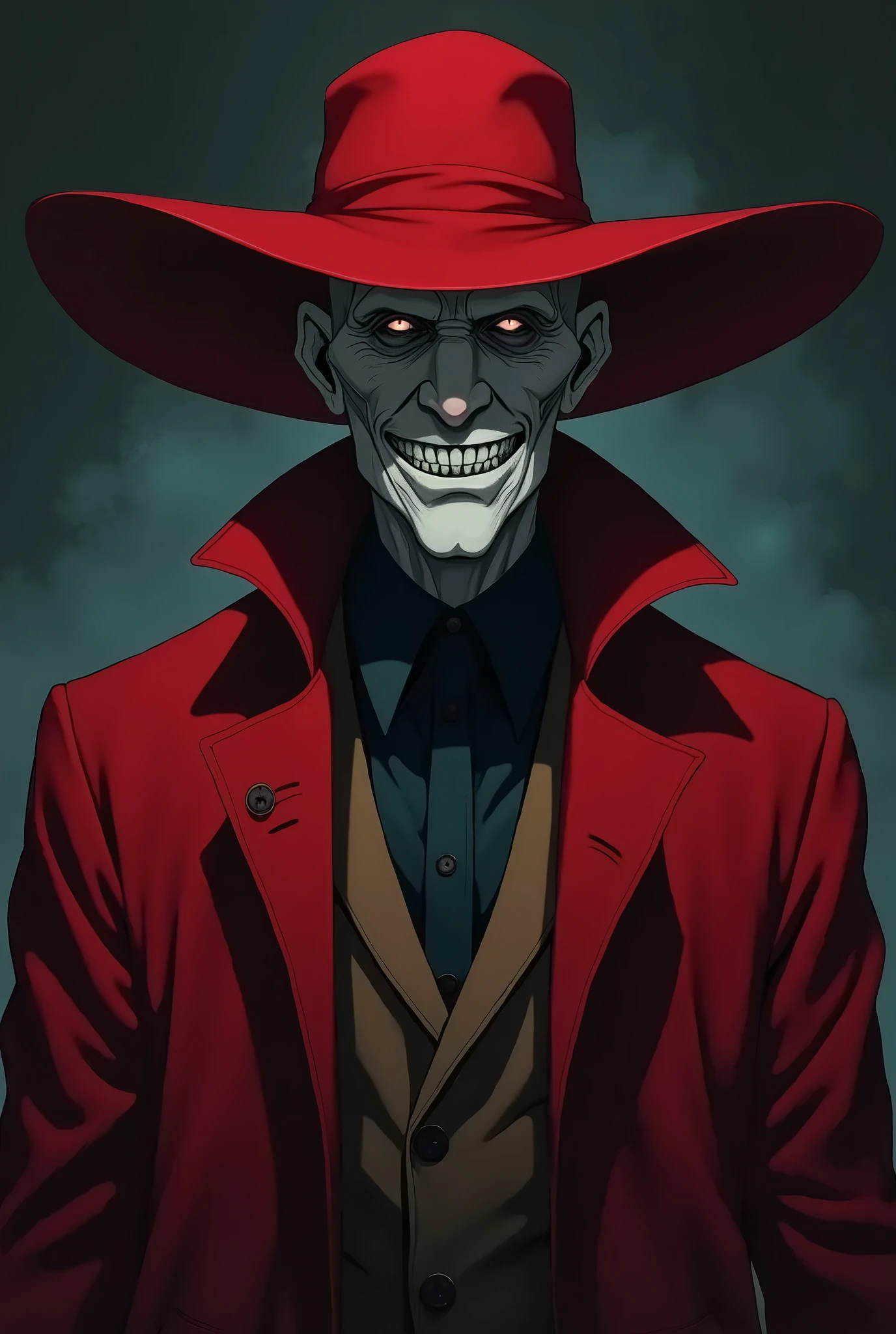 A guy who has no face, no eyes or nose, but has a mouth full of sharp teeth, he wears a blue overcoat, yellow fedora and a red scarf around his neck. Helluva boss Style, Hazbin hotel Style, his skin is flourescent blue.