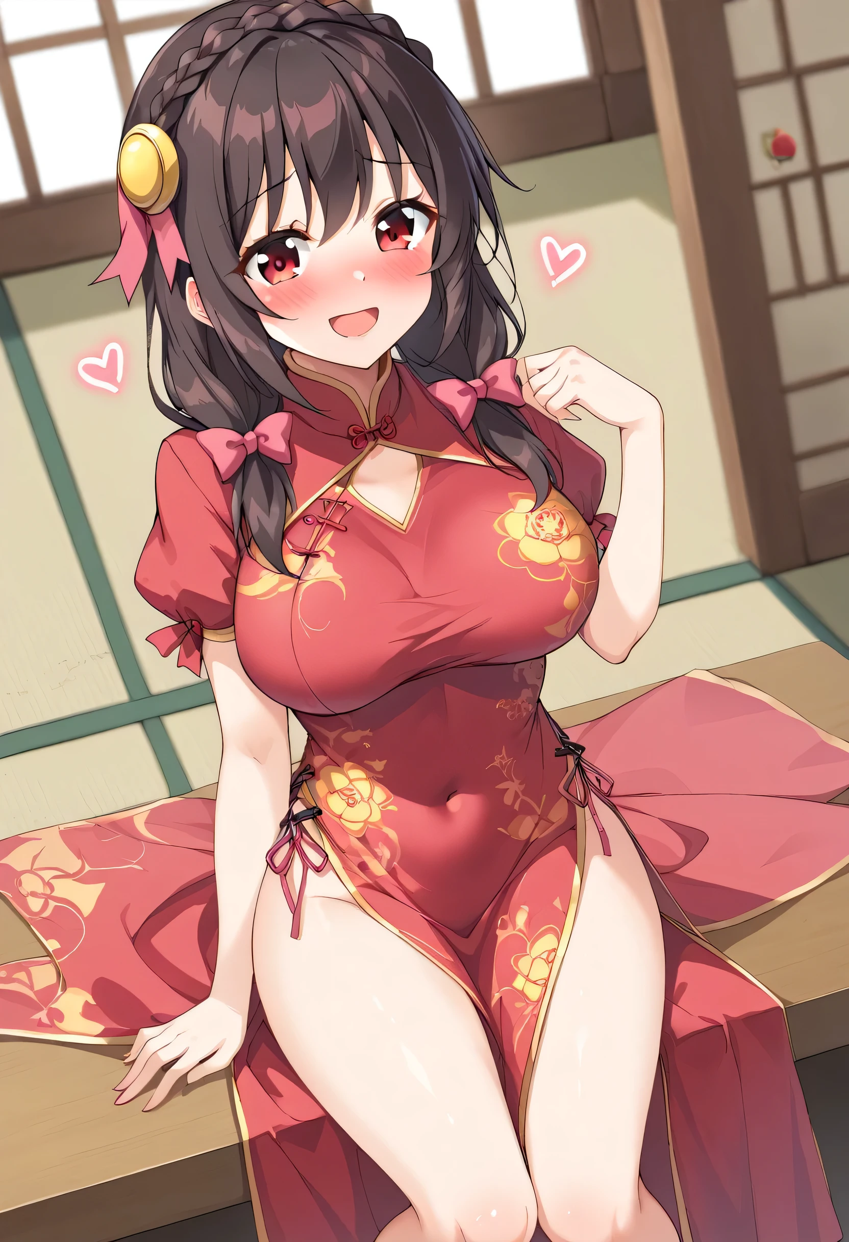 yunyun、masterpiece,Best Quality, High resolution,One person, Yunyun、My name is Yunyun, Crown braids in the same color as your hair, Black Hair、Red eyes、Hair Accessories, Hair Ribbon, Red Chinese Dress, (She has big breasts)、(A shy smile:1.4)、(blush:1.4)、indoor、♥、heart、(Mouth open)、6ix9ine&#39;s attitude、(View from below)、The focus is on the butt、Pink Panties