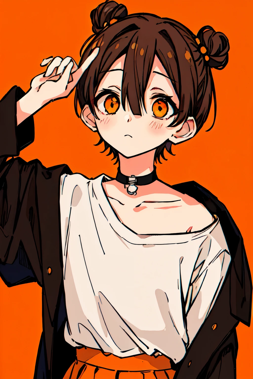1 girl, single, Hair bunสองชั้น, Brown hair, Hair bun, Hair accessories, bat \(animal\), setสีส้ม, Looking at the audience, Orange eyes, Halloween, Blushing, Long sleeves, Tilt your head, set, Closed mouth, Short hair, shirtผ้าลายทาง, Hair between the eyes, Orange background, shirtผ้าลายทางแนวตั้ง, hold, Collarbone, Raise your hand, shirt, setลายทาง, skirt, White background, Upper body