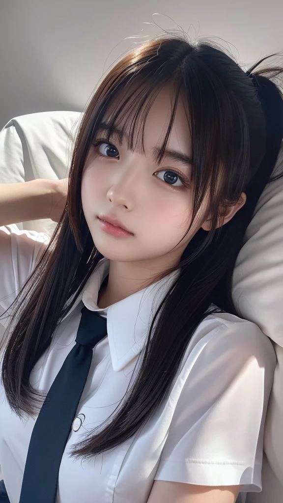 Best quality, masterpiece, ultra high res, (ecstasy:1.0), 1girl, (sobbing:1.0), in bed, DARK hair, dramatic lighting, bitch, nomal breasts, in bed, (high-school uniform:1.2), (lying:1.5) ,(face up:1.2),