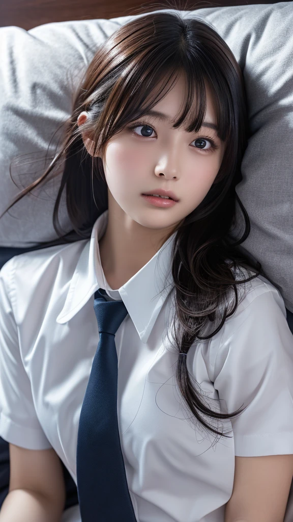 (Detailed and cute face,high qualityな瞳,Brown eyes:1.3),((Huge breasts,Ample breasts,Narrow waist,Thighs)),(Sad expression,Troubled face,blush,Staring at me,Lowered eyebrows,Frightened expression),(Black Hair,Straight Hair,Straight bangs),(Sleeveless collared shirt,Pleated skirt,Knee socks:1.5,),(Lying face up on white sheets,Center of screen),masterpiece,High resolution,high quality,Realistic,