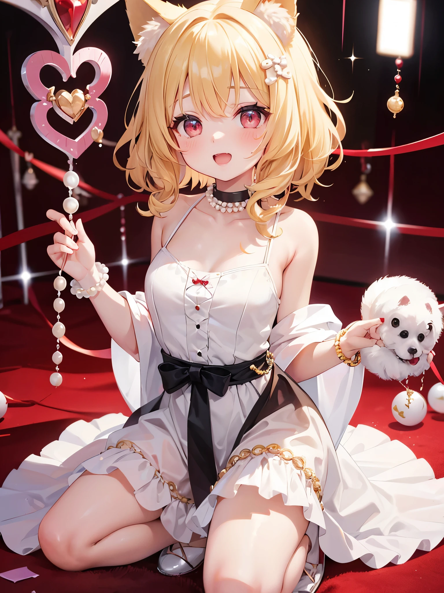 One girl, blonde hair, red eyes, sparkling eyes, laugh heartily, medium cut hair, curly hair, dog ears, pearls choker,Young girl,Kneeling,