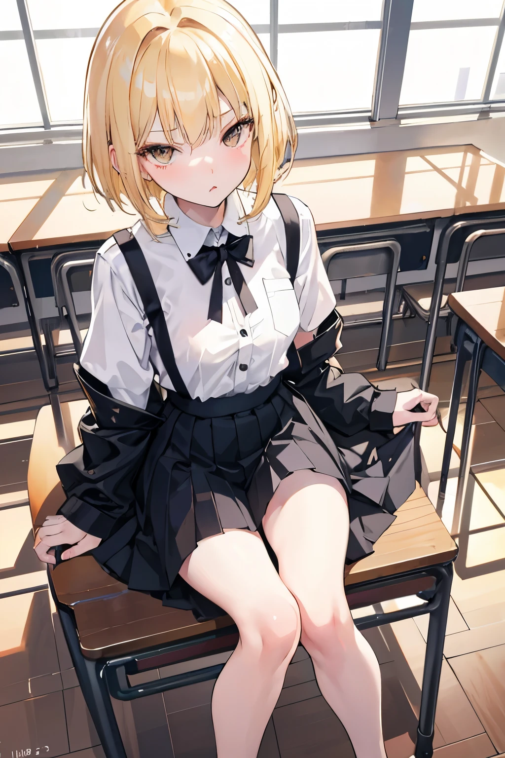 (masterpiece, best quality, detailed), 1girl, solo, indoors, classroom, school desk, window, school chair, curtains, chalkboard,
sitting, on desk, knee up, serious, squinting, eyelashes,
midorikawa hana, (homura outfit) <lora:MadokaCostumePackV1_2:1> <lora:more_details:0.3> <lora:MidorikawaHanaV8:1>