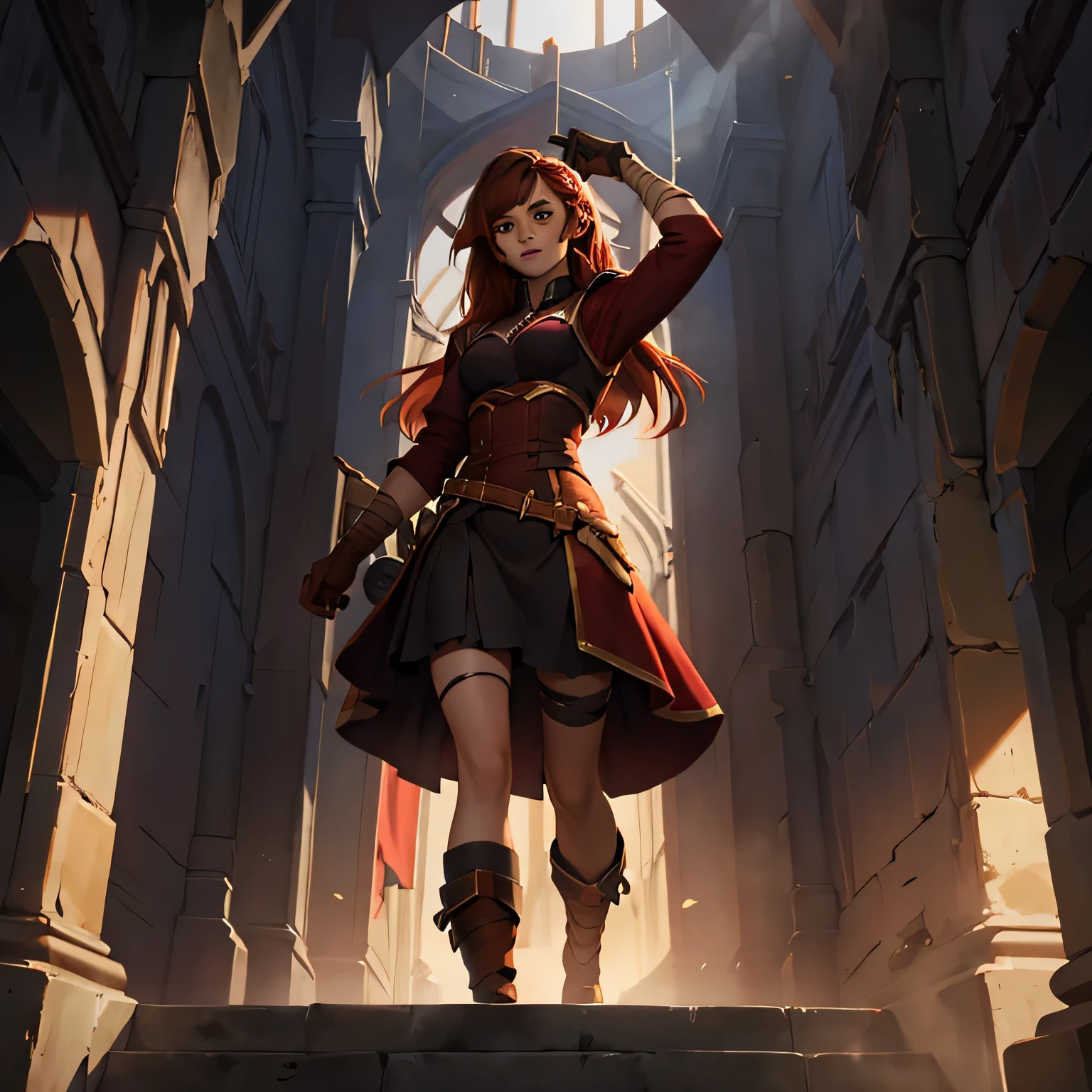 splash art of an eighteen year old girl, cute divine beauty, pale skin, brown eyes, long straight hair with bangs, light copper colored hair, perfect body, wearing a black formal outfit with dark red, dark red skirt and dark brown leather, red bandages on the arm dark red, gloves on the hands black, small details in gold, dark red cloth on the back, formal pose body and face, small smile