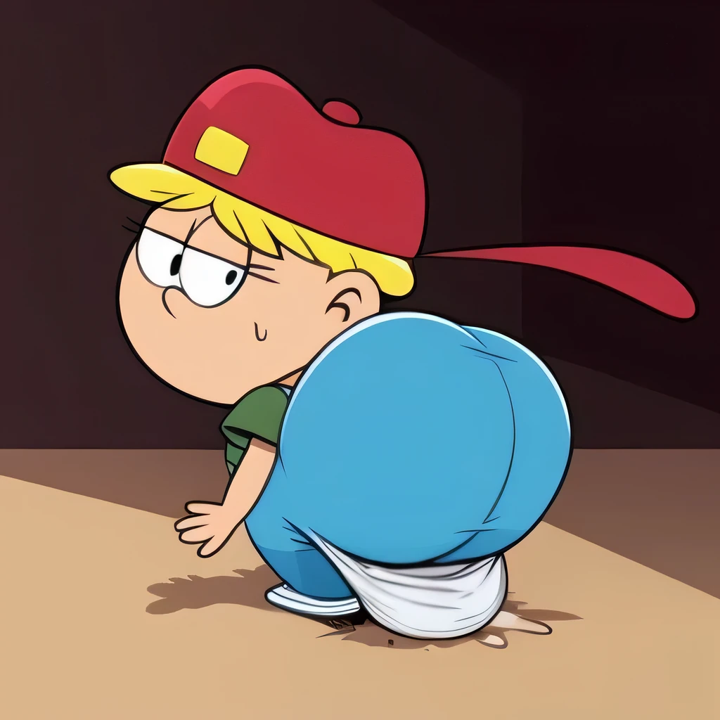 ((masterpiece, best quality)),(complex light), solo, solo focus, full body, 1boy, Lincoln Loud, torn pants, brown eyes, white hair, smooth hair cut, room, butt inflation, sitting on floor, embarrassed, blushing