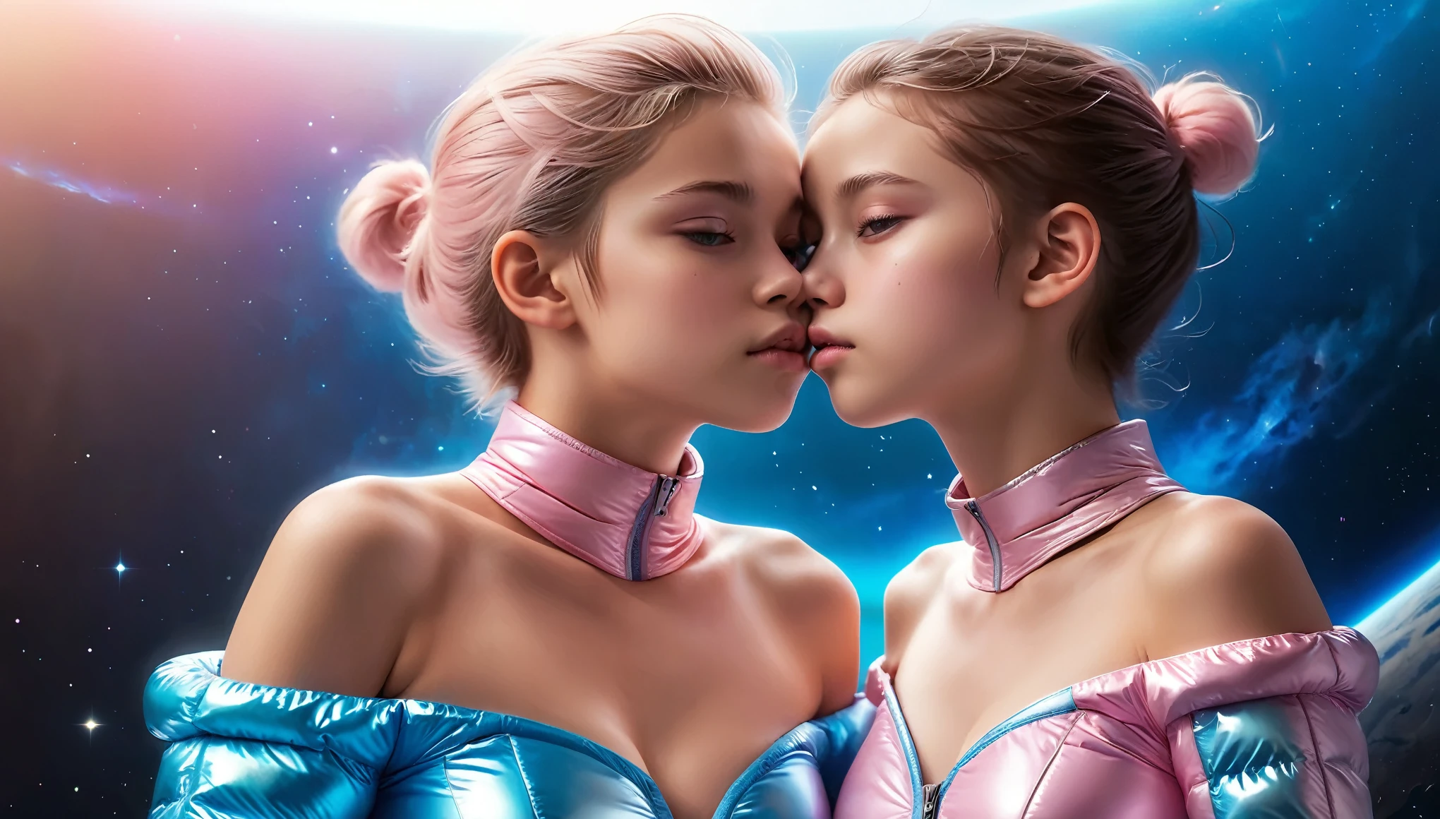 Top Quality, Masterpiece, High Resolution, 8k, wide objective, full body shot, ((r, barely legal)), ((2 cute girls kissing in a light pink blue shiny puffer with plunging cleavage, short sleeves, off shoulder, small perky breasts, extremely detailed face, beautiful detailed closed eyes, beautiful detailed lips, pixie side shaved hair, small hips, in a spaceship, wide view))