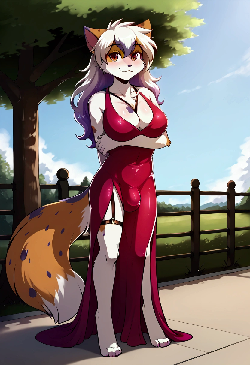 furry, 1girl, sexy smile, (satin dress) two kinds style, penis bulge, (bulge under dress), penis tenting, large breasts, long hair (light colored hair) feline, cat girl, fluffy tail, blushing, looking at viewer, posing with one arm under breasts, (one arm under breasts), (short flowing dress), (dress with thick straps), calico fur pattern, light colored fur pattern, outside under tree, (cinematic shading)