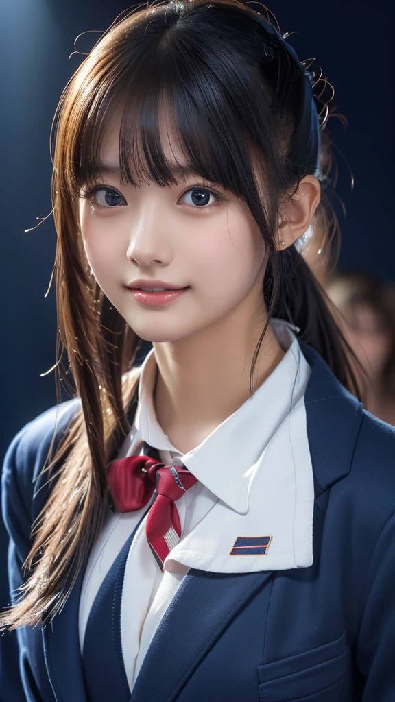 ((masterpiece, Best Quality, High resolution)), Japanese schoolgirl、(Realistic: 1.4), smile、Great face,Glossy Lips、age 15, ponytail、(Beautiful Hair:1.5), Japanese High School Uniform、Beautiful breasts、(Navy Blue Blazer、Navy blue jacket)、(White dress shirt)、(Red tie)、(Very short mini skirt)、Taking a full-body selfie in front of the mirror in her room、Highly detailed fingers、Angle from the front, Smooth, Highly detailed CG composite 8K wallpaper, High resolution RAW color photos, Professional photography, Light, BackLight, Dreamy, Impressive, Written boundary depth, (Face close-up:1.4)