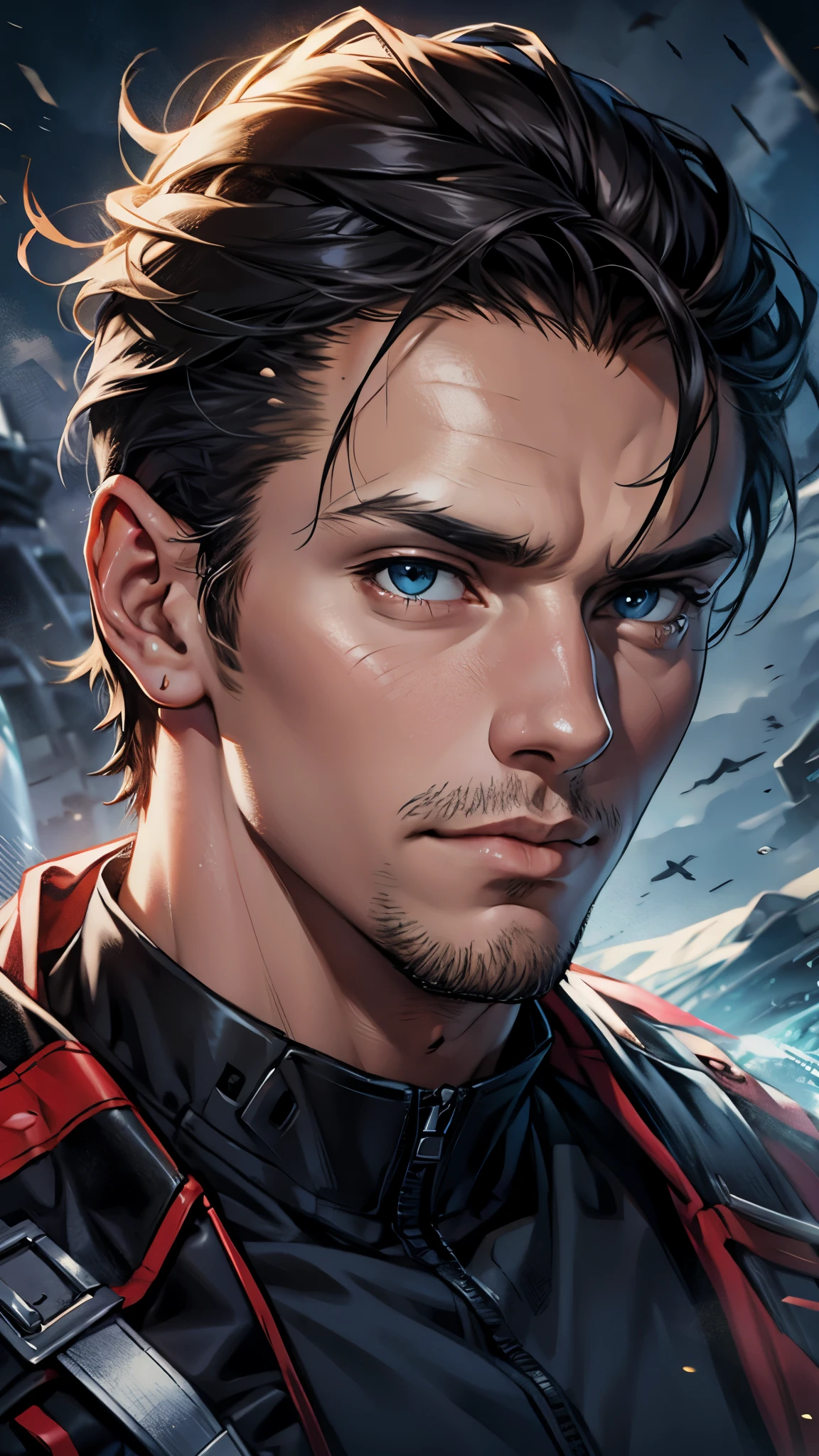 a male commander in his 30s, detailed face, intense eyes, strong jaw, military uniform, battleship, sea, cloudy sky, dramatic lighting, cinematic, digital art, muted colors, epic, highly detailed