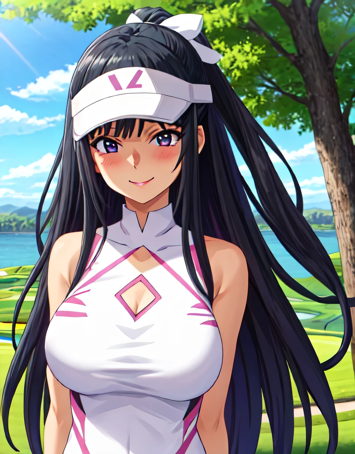 amawashi_aoi_birdiewinggolfgirlsstory,long_hair,black_hair,purple_eyes,smile,visor_cap,day,blue_hair,eye highlights,smile,blush,outdoors,golf course,(large breasts:1.55),(shiny hair),((solo)),((masterpiece)),((best quality)),perfect anatomy,slim waist,perfect image,8k UHD,(beautiful detailed eyes:1.5),extremely detailed face,standing,(upper body:1.2),(look at the front:1.5),ultra-detailed,absurdres,ultra-highres,arms behind back,