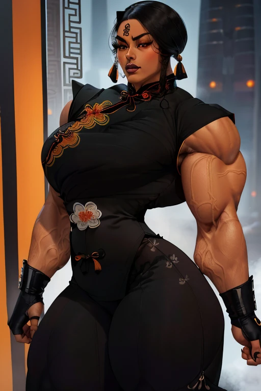 (Close view), tall, (black hair), beautiful muscular woman, long straight hair, light brown skinned, closed smile, (black lipstick), ((massive muscles)), (hyper muscle), ((ginormous bulky muscles)), orange eyes, ((((black sparkly cheongsam dress embroidered with deathly designs)))), gauntlets, choker, thigh high lace socks, (in japan)