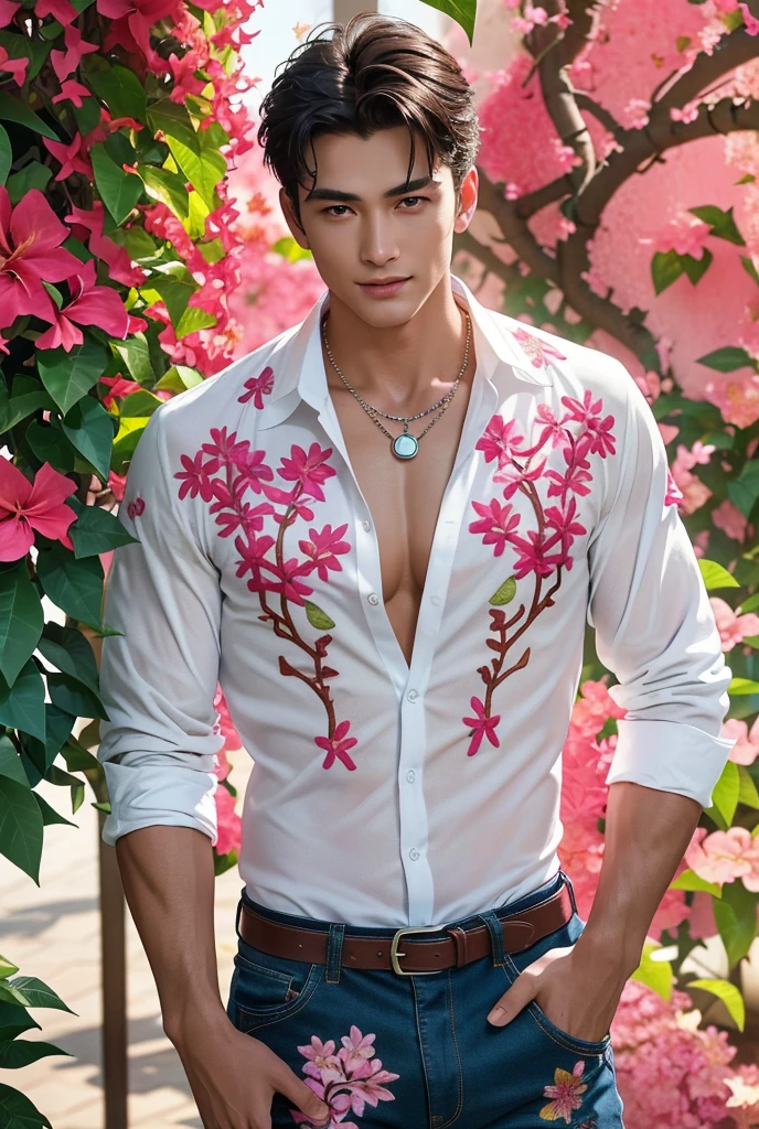 best quality,masterpiece,Ultra high detail,A handsome muscular man,Short black hair,topless,(Flowers on the shoulder), With flowers in his black micro thong, flowers covered around his head, eyes are closed, covered, eyes are blindfolded with black cloth, realistic,Grey background,Yellow and white flowers,
