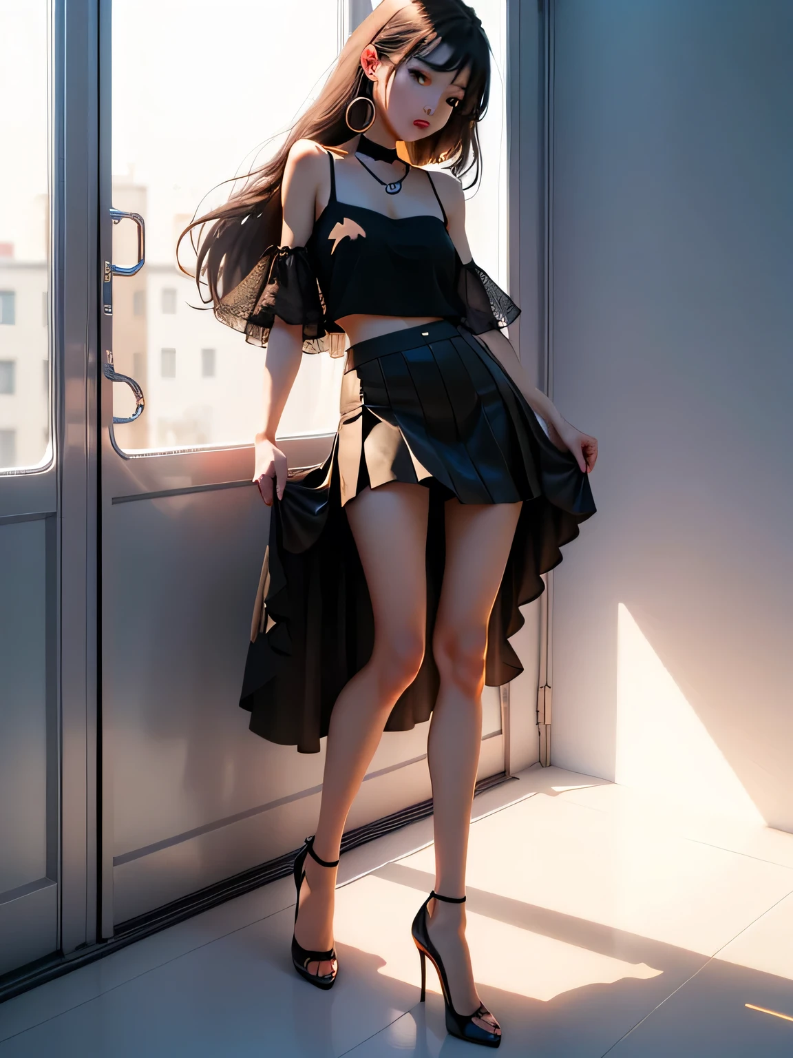 real、long legs、full、feminine、mini skirt、high heels、very delicate face,realistic lighting and shading、real shadow