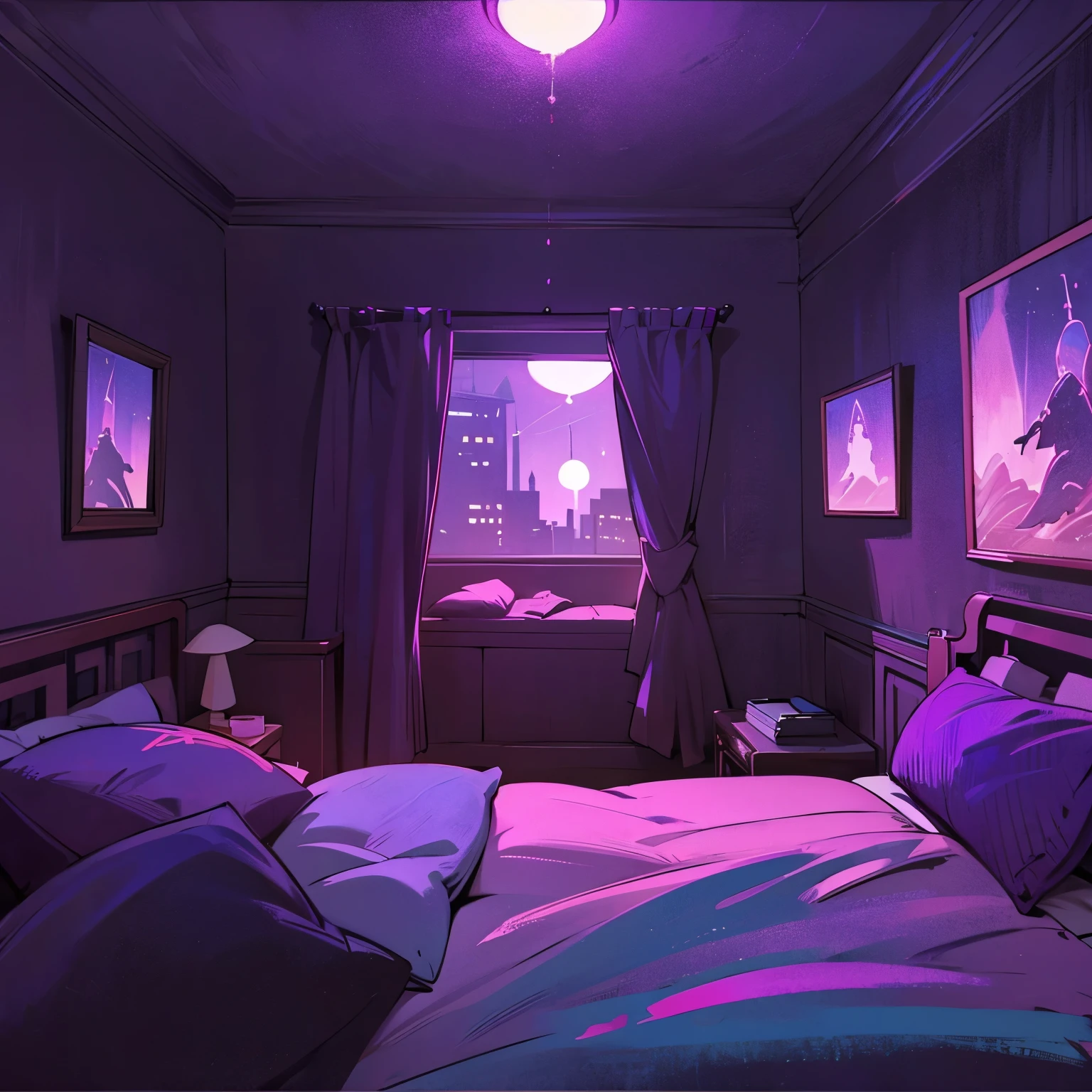 A bedroom in a rental house，The windows are broken，Simple room，Simple furnishings，Modern rental house，Modern room，night，Scene at night，narrow，
