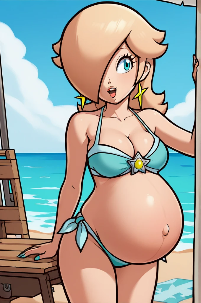 score_9, score_8_up, 1girl, solo, rosalina, style parody, thick outlines, bikini, swimsuit, pregnant belly, big belly, sleeveless, strapless, cleavage, indoors, beach, happy, showing his belly