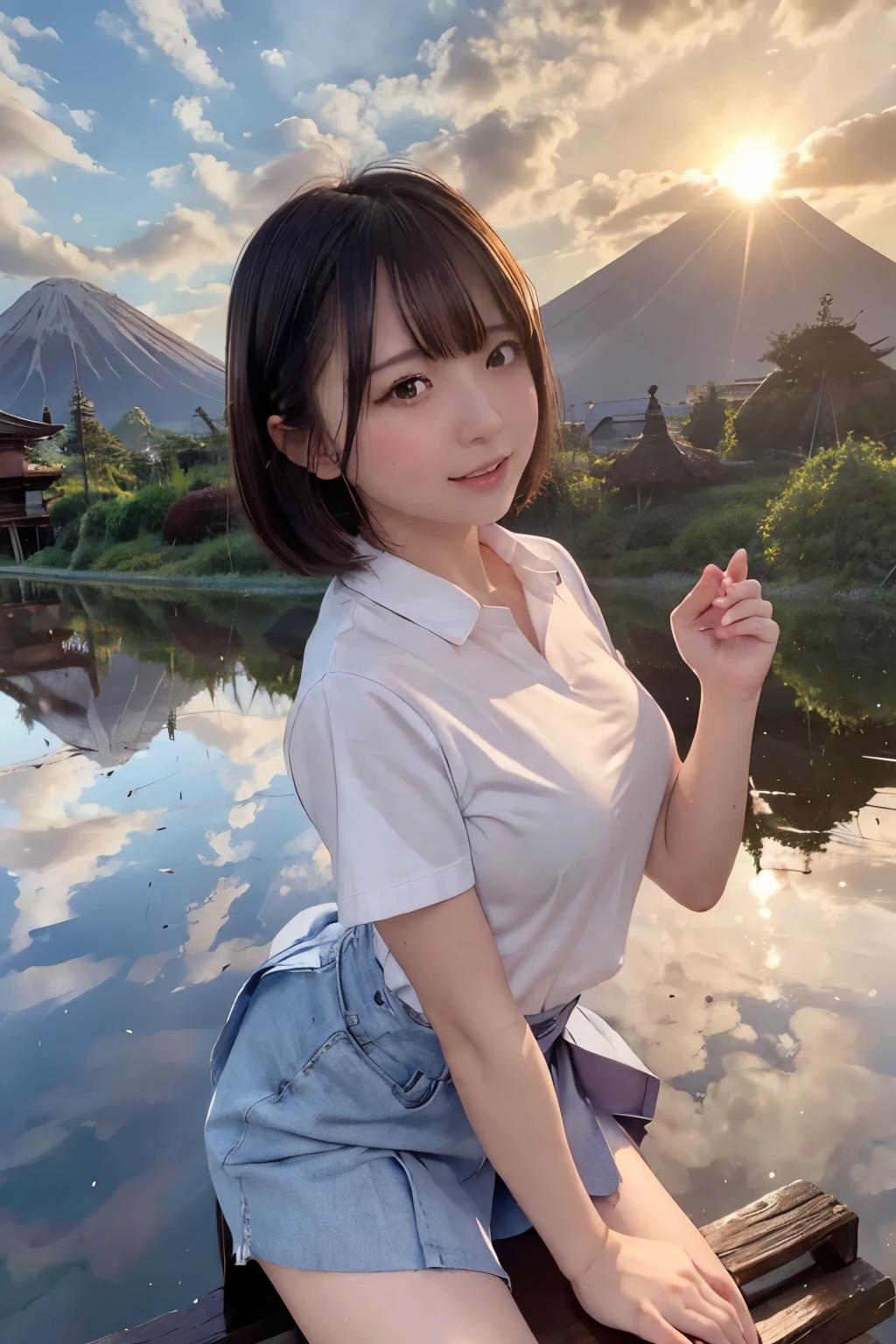 8k, raw photo, best quality, hires, realistic, photorealistic, extremely detailed 8k wallpaper, beautifully detailed eyes, finely detailed face, 
 break 
cinematic lighting, rim lighting, 
 break 
(the sun is just falling into top and center of the mount-fuji:1.5), 
(shrine precincts on high ground:1.2, light purple dusk:1.1, sparkle, fallen leaves:1.1), cloud, 
 break 
(perfectly anatomically correct:1.3), 
 break 
1 girl, 
(clothing formally autumn school uniform:1.1), 
kawaii, short bob hair, 
(symmetrical clear eyes), chocolate color eyes with captivating reflections, 
[[white skinned], chiseled face, [round face, round chin], 
moderate eye bags, [double eyelids], tareme, [wide-set eyes], [embarrassed, blush], 
eighteen], [cheerfully], [open mouth], [cleavage], 
 break 
sfw:1.0, 
 break 
from below, wide shot, pan focus, feet out of frame, 