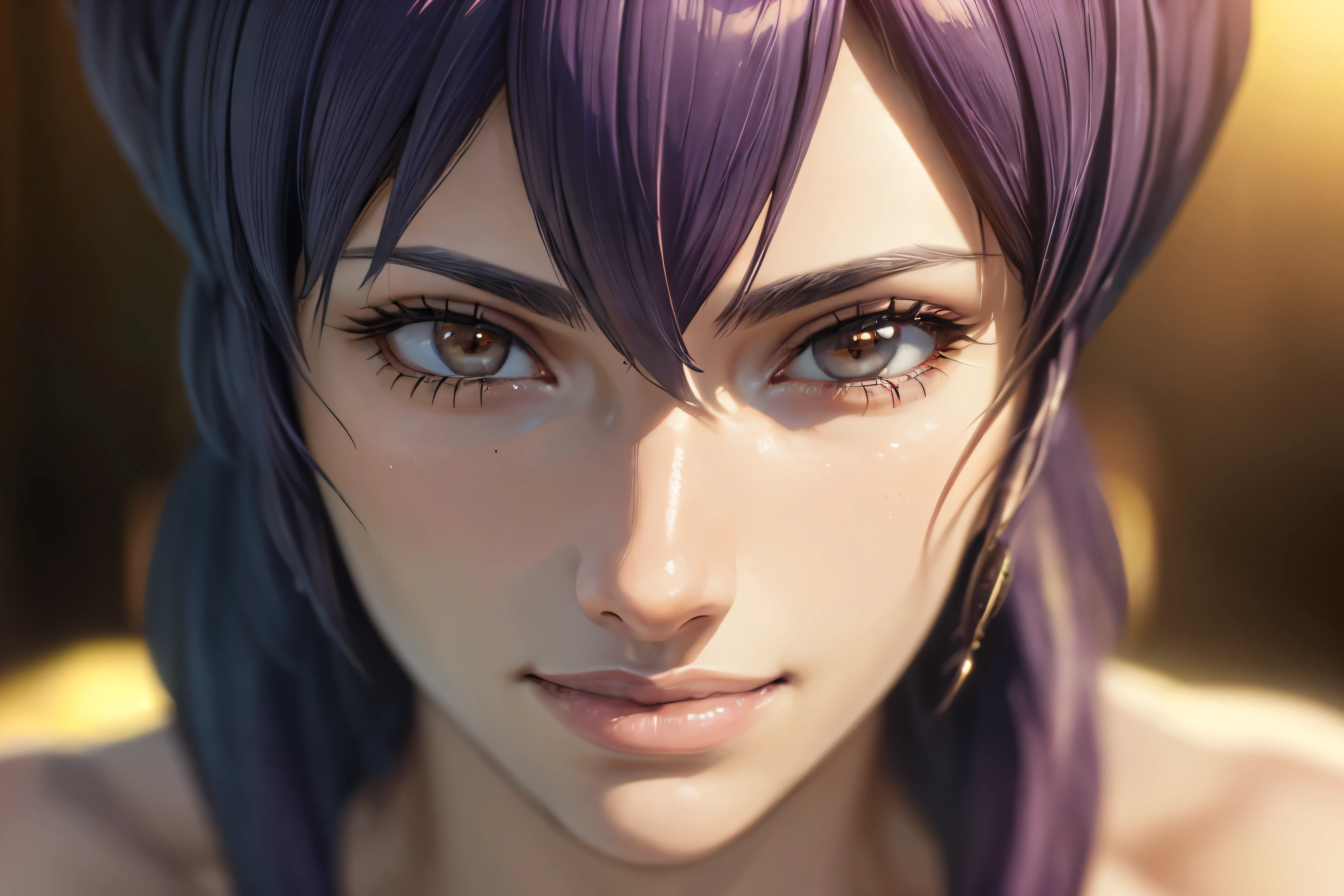 ("Smiling face": 1.5), Lavender medium hair, Tube top, (Close-up portrait of face: 1.5), (Best Quality, 4k, 8k, High Resolution, Masterpiece: 1.2), Ultra Detailed, (Realistic, Photorealistic, Photorealistic: 1.37), HDR, UHD, Studio Lighting, Ultra Fine Painting, Sharp Focus, Physically Based Rendering, Highly Detailed, Professional, Vivid colors, Bokeh, Exquisite details, Cinematic lighting, Warm tones, Natural skin tones, Beautifully detailed eyes, Beautifully detailed lips, Highly detailed eyes and face, Long eyelashes, Calm expression, Staring straight into the camera. "Kusanagi Motoko"