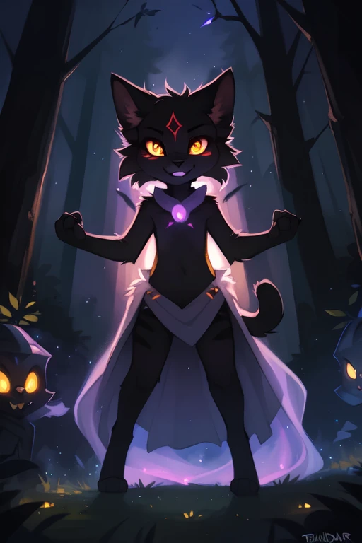 by fluff-kevlar, Author: zackary911, Author: kenket, by Kilinah, by fluff-kevlar, The Cult of the Lamb, Fluffy female anthropate, Sheep Girl, Black fur, hooves, 独奏, (Body fur:1.2), (Best Quality), red cape, (Red Crown:1.1), neckbell, red eyes, (Dark pentagram background:1.2), detailed fluffy fur, Octane Render, Horns, , female body, Forest at night,
