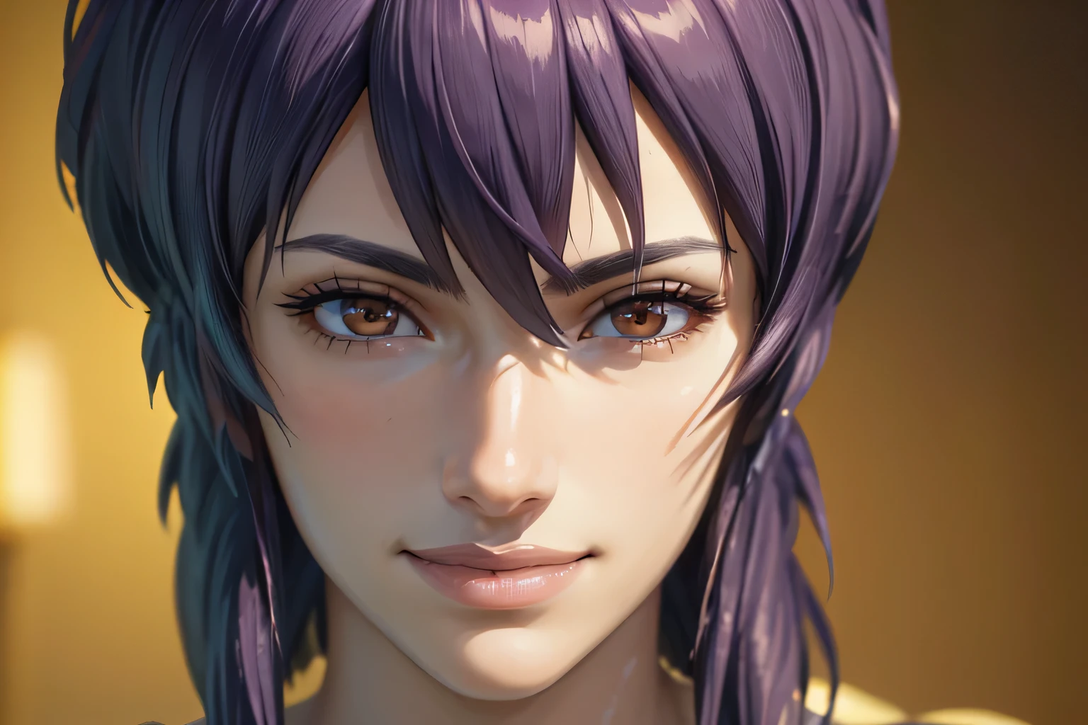 ("Smiling face": 1.5), Lavender medium hair, Tube top, (Close-up portrait of face: 1.5), (Best Quality, 4k, 8k, High Resolution, Masterpiece: 1.2), Ultra Detailed, (Realistic, Photorealistic, Photorealistic: 1.37), HDR, UHD, Studio Lighting, Ultra Fine Painting, Sharp Focus, Physically Based Rendering, Highly Detailed, Professional, Vivid colors, Bokeh, Exquisite details, Cinematic lighting, Warm tones, Natural skin tones, Beautifully detailed eyes, Beautifully detailed lips, Highly detailed eyes and face, Long eyelashes, Calm expression, Staring straight into the camera. "Kusanagi Motoko"