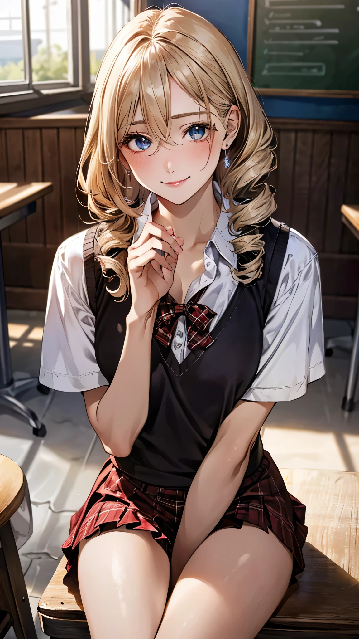(Top quality, 16K, masterpiece, super high resolution, Victorian era, photorealistic: 1.2), perfect illustration with every detail created by a master 2020's animation illustrator, BREAK 1 girl, soro, twintails, bow, cardigan vest, short sleeve shirt, plaid skirt, over black legwear, loafers, smile, Sexual girl, Dressy styles that are glamorous and pretty, with an emphasis on cuteness, bright shades and pop designs