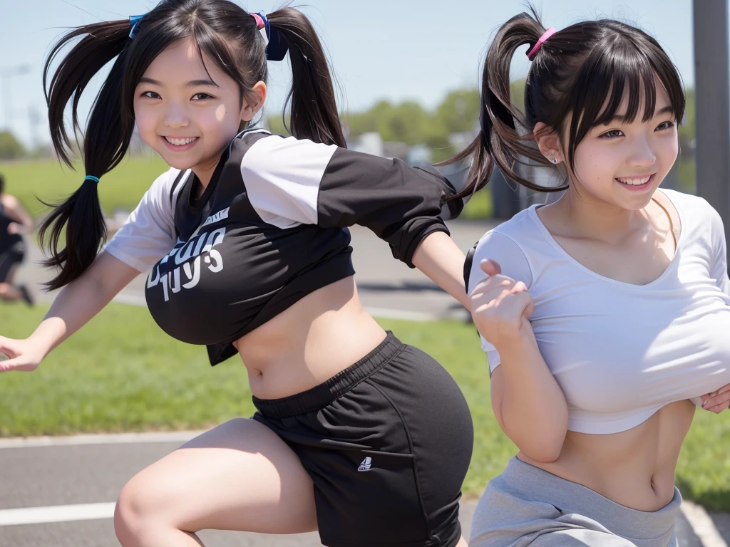 High school student, black hair, twin tails, smile, fun, huge saggy breasts ,Gym clothes,Run at full speed