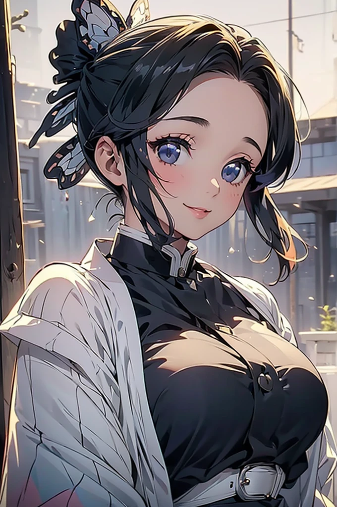 ((((High resolution, Intricate details, masterpiece, 8k, from front)))), (((beautiful, samurai, armor))), ((In the town, One Woman, Big Breasts, Large Breasts, Huge Saggy Tits)), (Black Hair, Beautiful forehead, Long Hair, ponytail, Big ribbon, Glowing Skin), from front, looking at viewer, look at viewer, pub, bright,