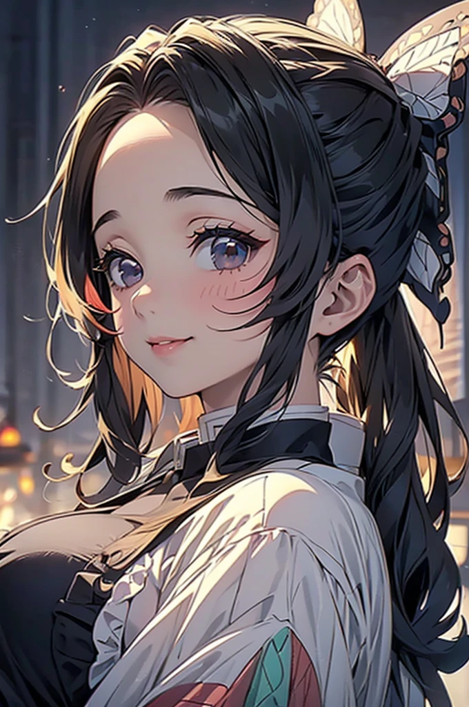 ((((High resolution, Intricate details, masterpiece, 8k)))), (((beautiful, Lots of races))), ((One Woman, face close up, Smiling)), (Black Hair, Forehead, Long Hair, ponytail, hair ornaments, slender), from front, looking at viewer, look at viewer, town, night, moon,