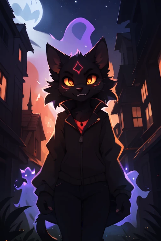 Solo, male, canine, by spuydjeks, by bebebebebe, bulge, smirk, evil expression, alleyway, standing, dramatic lighting, glowing eyes, night, full moon, black fur, red eyes, looking at viewer, facing viewer, steam, erection, throbbing, sweatpants, hoodie, hair, barely visible genitals