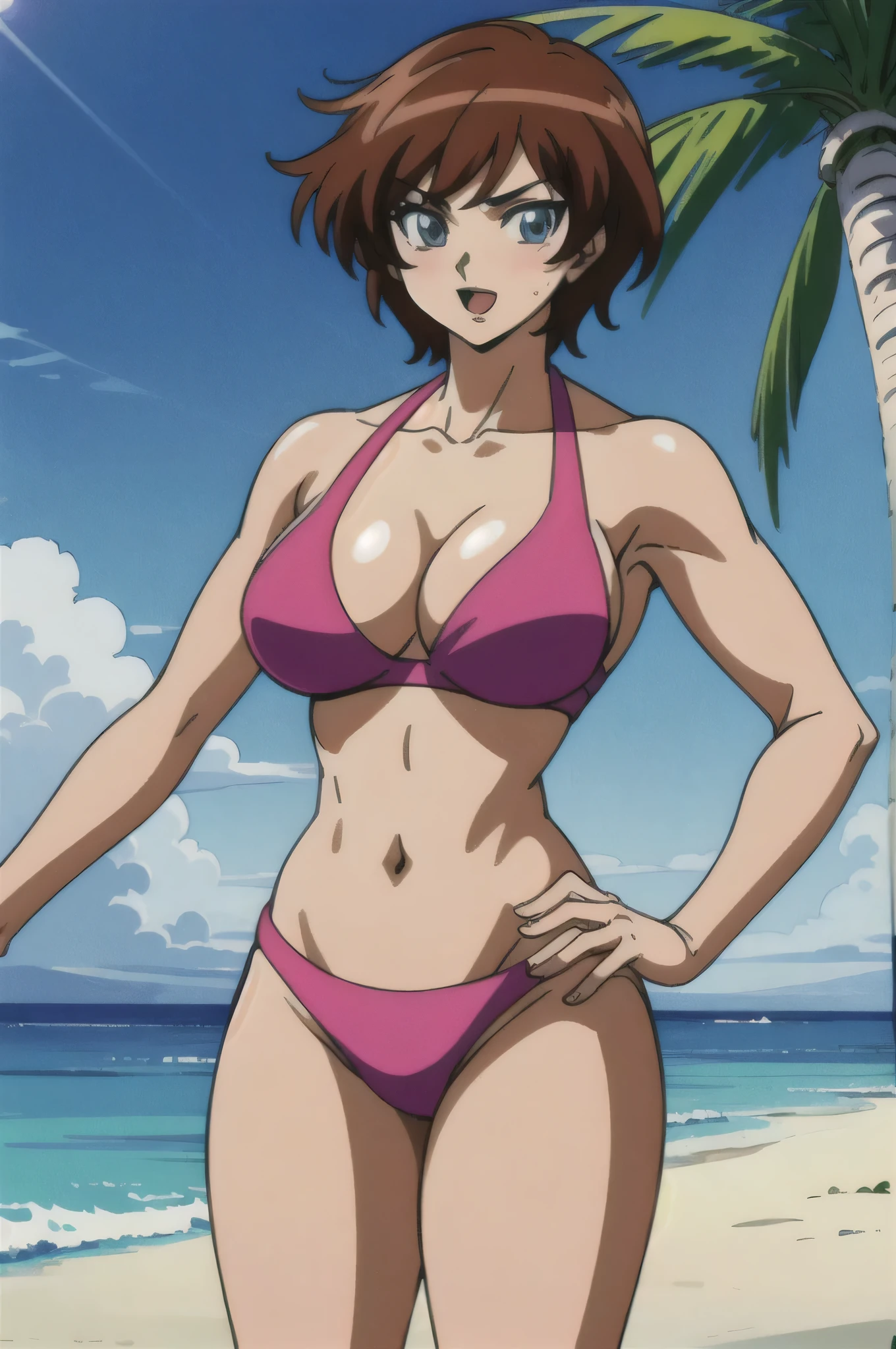Anime Women in bikini posing on beach with palm tree in background、alone、Woman with short brown hair、Blue Eyed Woman、Bikini、Tall Woman、Bikini top with an black、Bikini bottom with an black、High school girls、Muscular and strong、Big Breasts、Girls with very large breasts、cleavage、Strong muscles、in bikini、Swimwear、in a triangle Bikini、Seductive Anime Girls、in a Bikini、Smooth anime CG art、Muscular Woman、clothing: BikiniSwimwear、 is wearing a Swimwear、At the Beach、(Anime Women)、Swimwear、attractive Anime Women、collarbone、navel、midriff、open mouth、Sunny At the Beach、A woman is standing、Cowboy Shot、looking at viewer、Female focus、