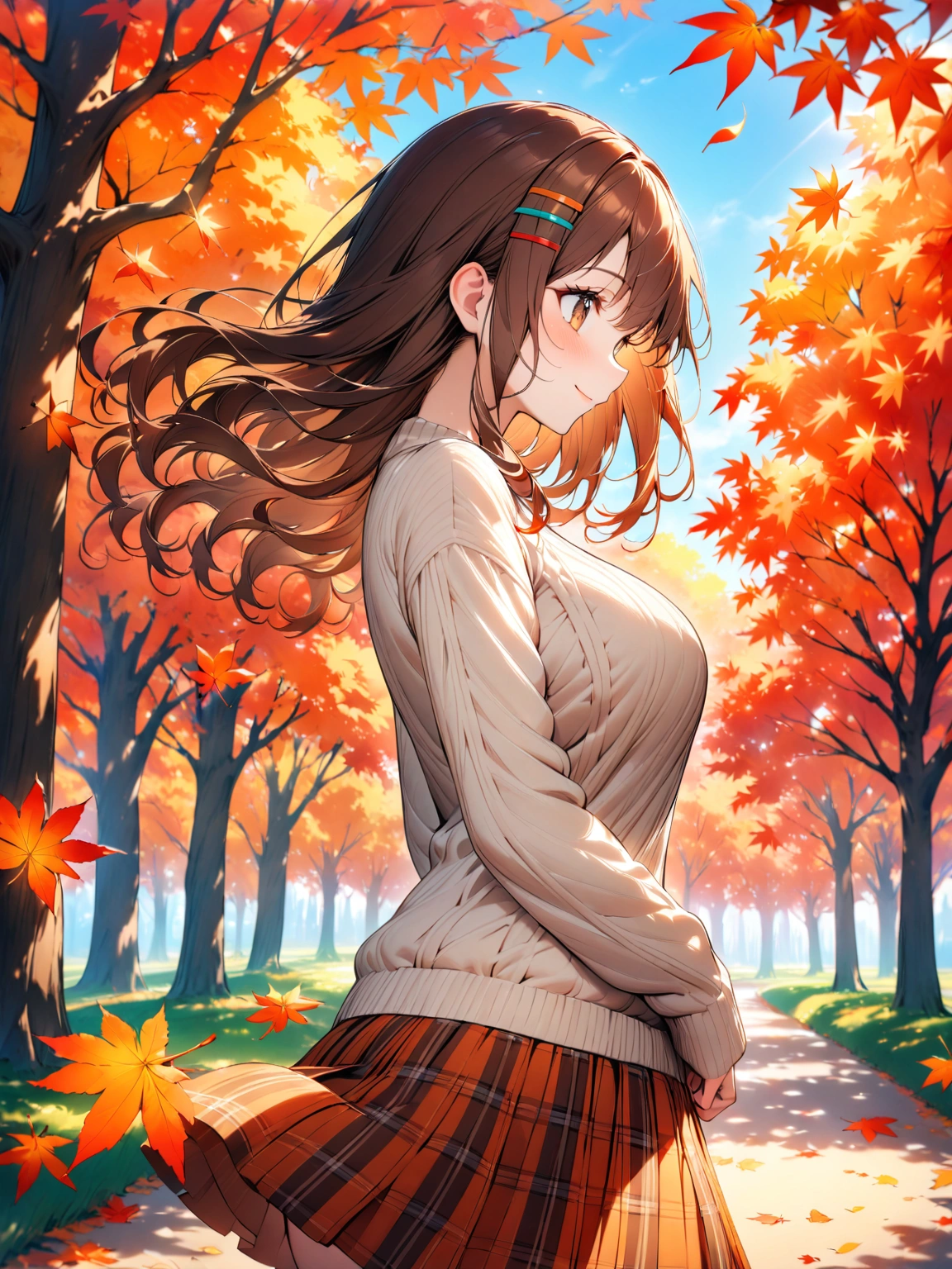 cute girl, (medium hair), (shoulder length hair:1.2), wavy brown hair, colorful hairpins, (bright expressive brown eyes), slight blush, healthful body, petite body, (short stack), (big breasts:0.4), natural round breasts, profile, autumn leaves, leaf peeping, cute outfit, knit sweater, plaid skirt, casual autumn clothes, smiling, hair flowing in the wind, holding a red leaf, surrounded by trees in a park, autumn nature, red and orange leaves, clear blue sky, soft sunlight, colorful background, (masterpiece, best Quality, 16k), high Quality Face, highly Quality background