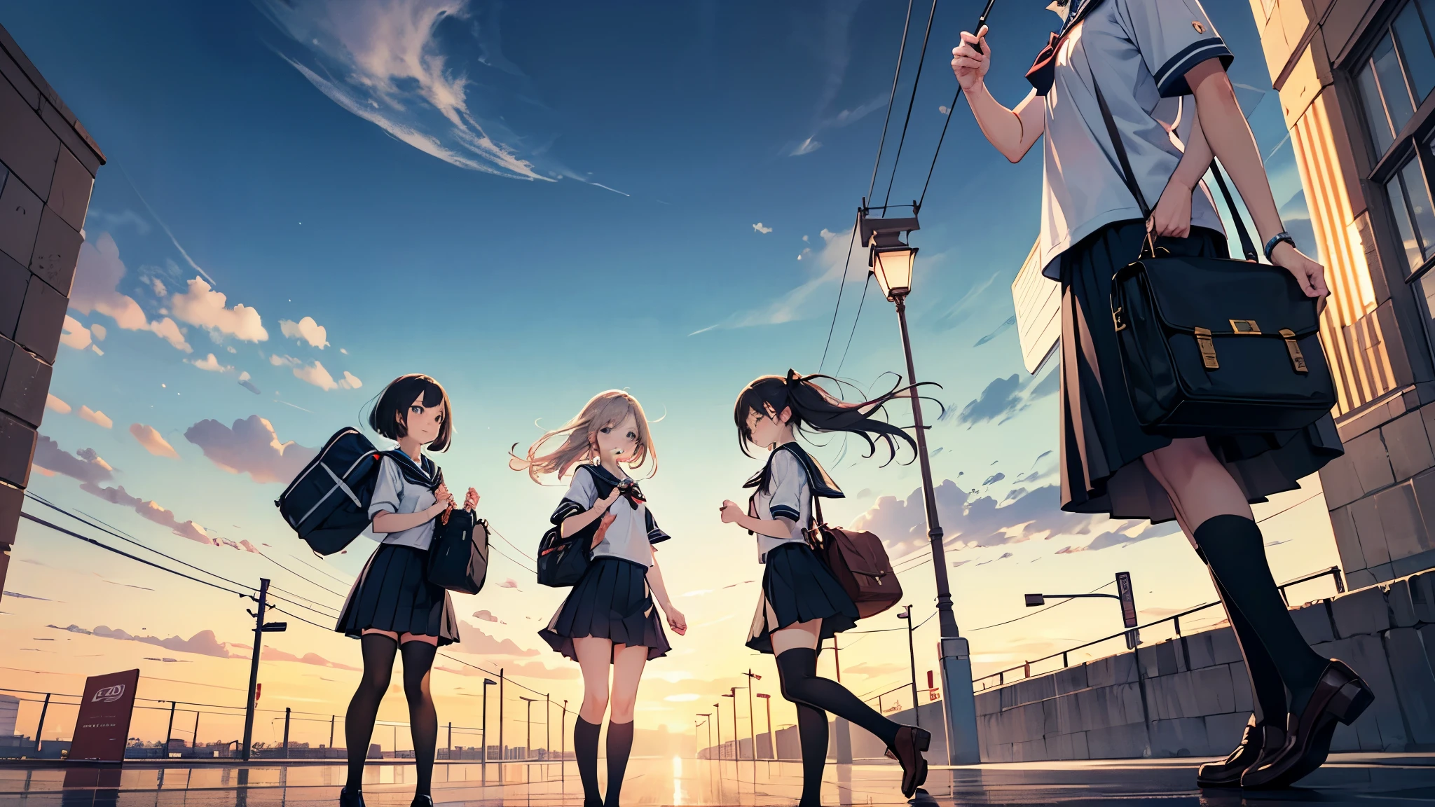 Top quality, masterpiece, On the way home from school, 3 people, girl들, Motion Blur, Shiny texture, Dynamic configuration, Atmospheric perspective, (in detail), depth, Highly detailed CG, Original, Highly detailed wallpaper, (vivid colors), Movie lighting, (Fancy), Blusher, Looking at the viewers,girl, Sky blue eyes, Medium chest, cute face), Sailor uniform, brown loafers, Stockings, School bag, Full view, kick