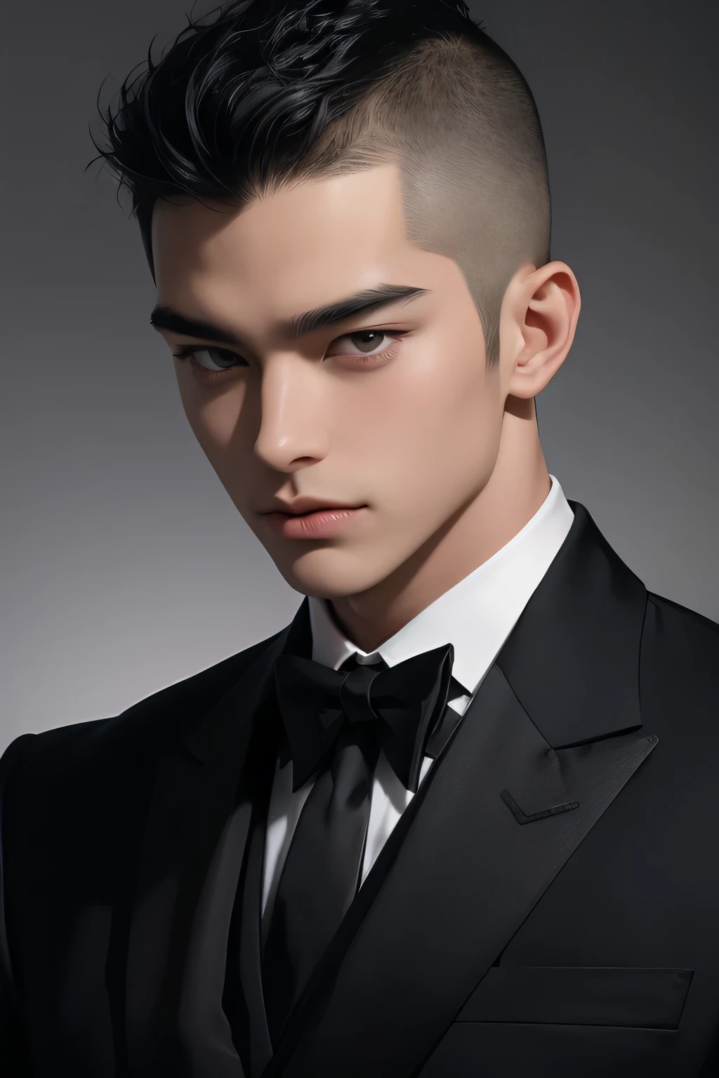 Japanese　　Handsome　Short cut　Shaved head　Black Hair　male　Black Tuxedo　formal　Upper Body　Background Universe　Face close-up　　sexy