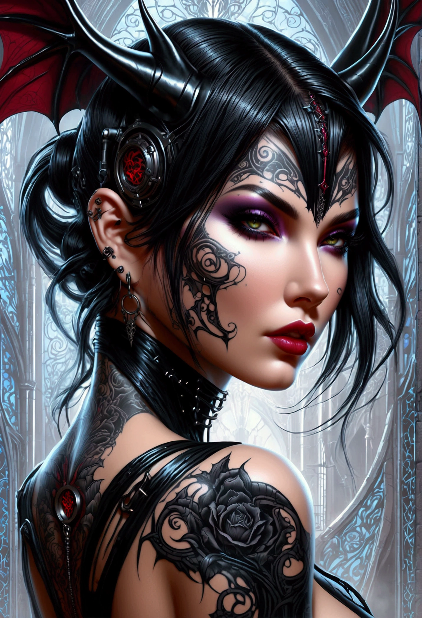 Hr giger tattooed sexy seductive dead girl, perfect face, hyper detailed ruby eyes, full body view,