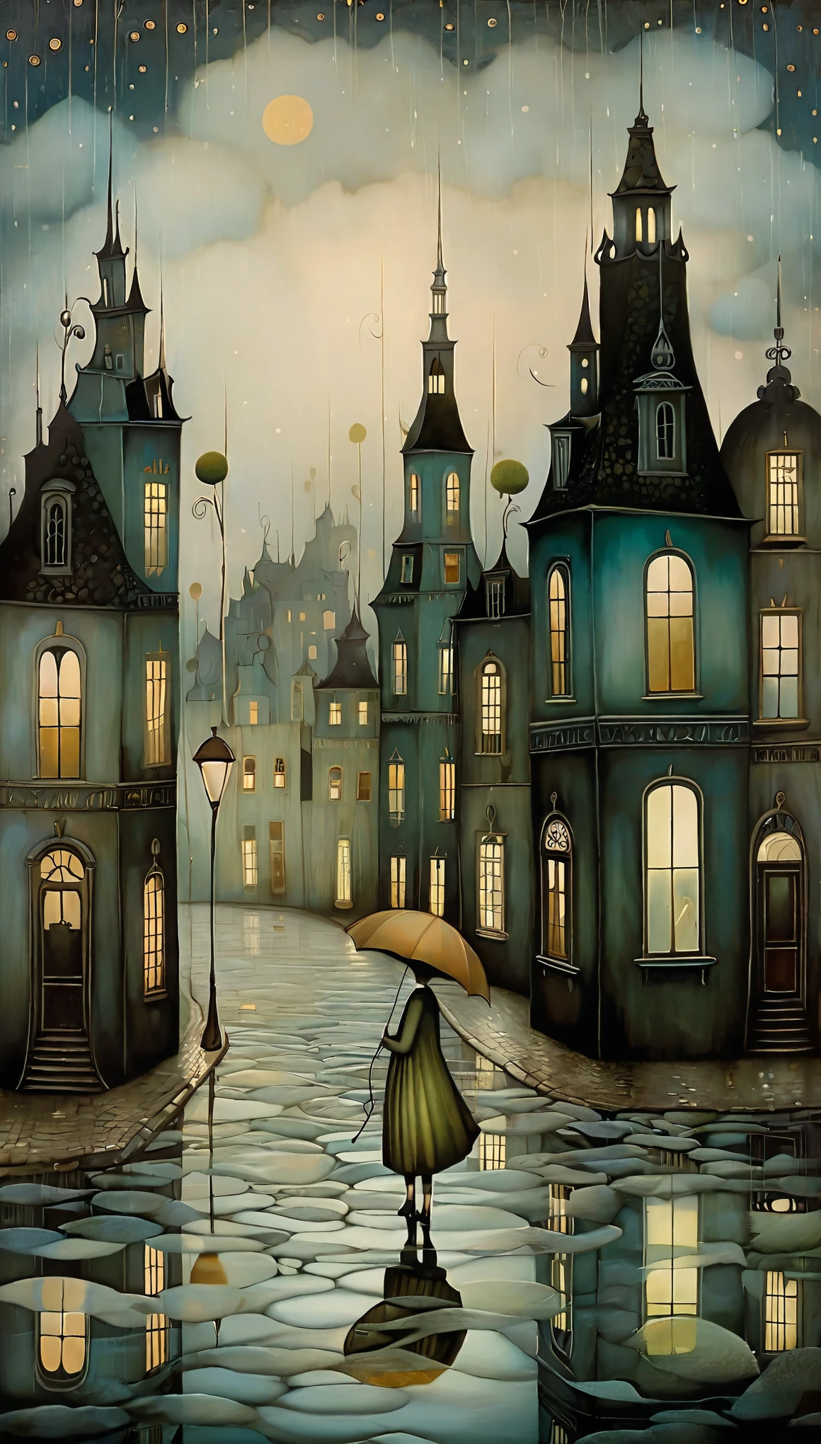 Generate a melancholic, whimsical midnight view of a rainy village street. The scene is a delicate blend of Klimt’s golden, intricate patterns with subtle hints of metallic highlights reflecting off the wet cobblestones. The village is surrounded by surreal, dreamlike architecture with soft, rounded edges, reminiscent of Nicoletta Ceccoli's enchanting, melancholic worlds. Catrin Welz-Stein’s collage-like textures add layered, ghostly clouds that float above, while mist wraps around the lampposts, casting a faint glow over the scene. Didier Lourenço’s muted and soft color palette creates a serene, yet somber atmosphere, with blues, greys, and dark greens dominating the image, while tiny, whimsical details like hidden creatures peek from shadows in a nod to Leonora Carrington's surreal imagination. The rain falls gently, creating ripples on the puddles and reflecting the glowing windows of distant houses, casting an ethereal, lonely yet magical midnight mood.