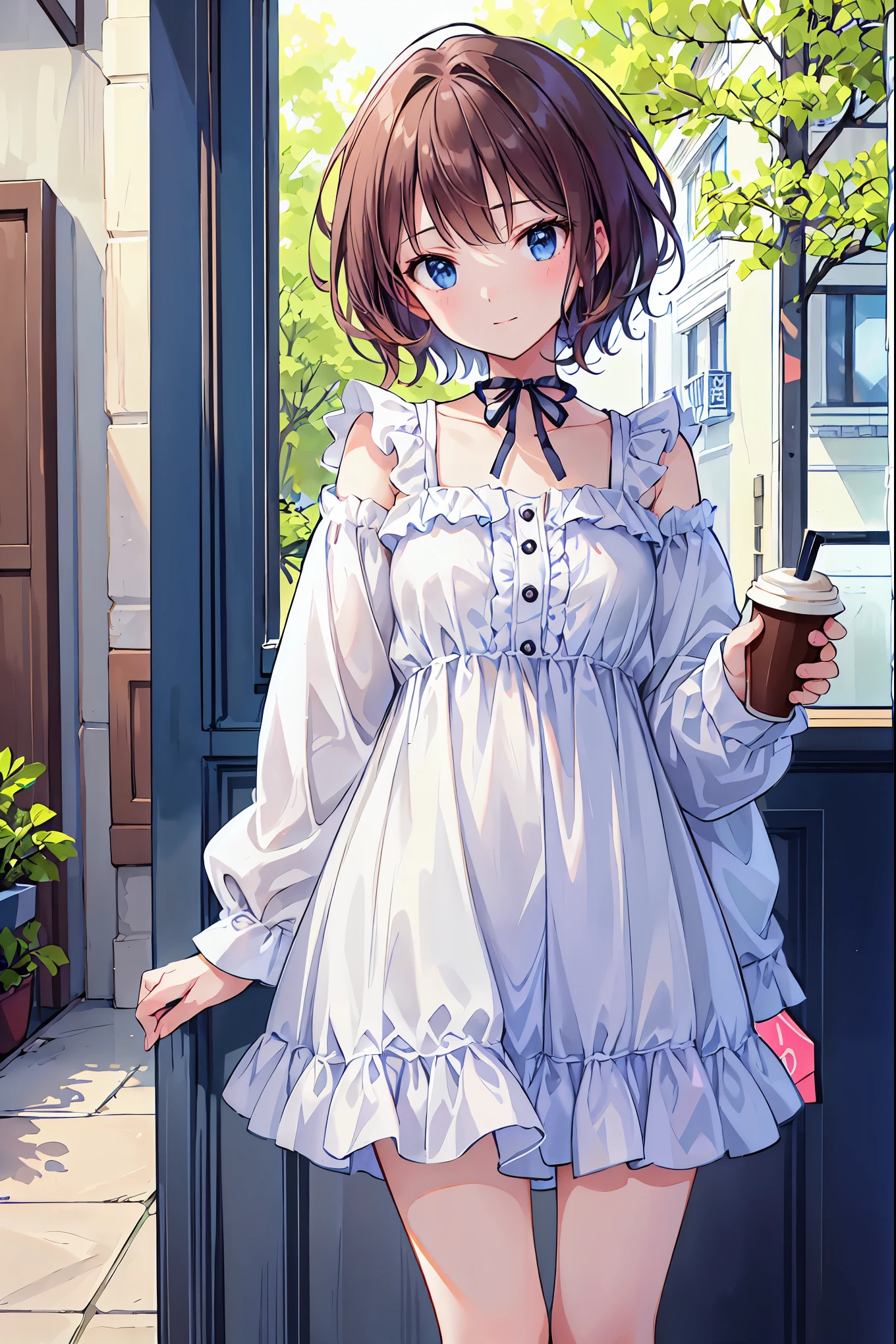 masterpiece, Please redeem, One Girl, whole body,,short hair, , , Casual clothing, frills, Outdoors、Inside the room、relax、Drink coffee、Focus on the face、The viewer is the viewer'sight,Brown Hair,Shortcuts,Messy Hair,Short braided hair,Neat,Slender beauty,A dignified posture,Small chest,Beautiful feet,Her captivating grey-blue eyes shine like stars,Vibrant colors,Beautiful Eyes,A delicate smile,Textured Skin,The best quality at its best,A kind and beautiful woman,Anime Style、((From below:1.2)),
