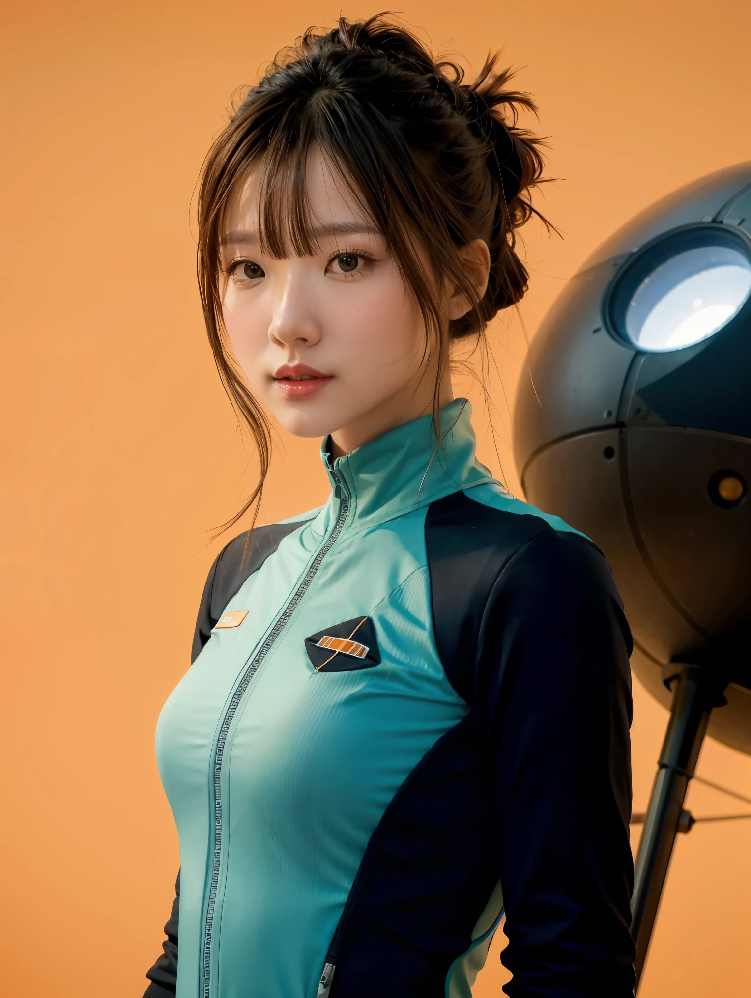arafed image of a woman in a futuristic suit with a spaceship in the background, movie art, in front of an orange background, inspired by Robert McGinnis, female protagonist, megastructure in the background, portrait of an ai astronaut, astronauts, an astronaut, portrait of a astronaut skeletor, perfect android girl, frank franzzeta and sakimichan