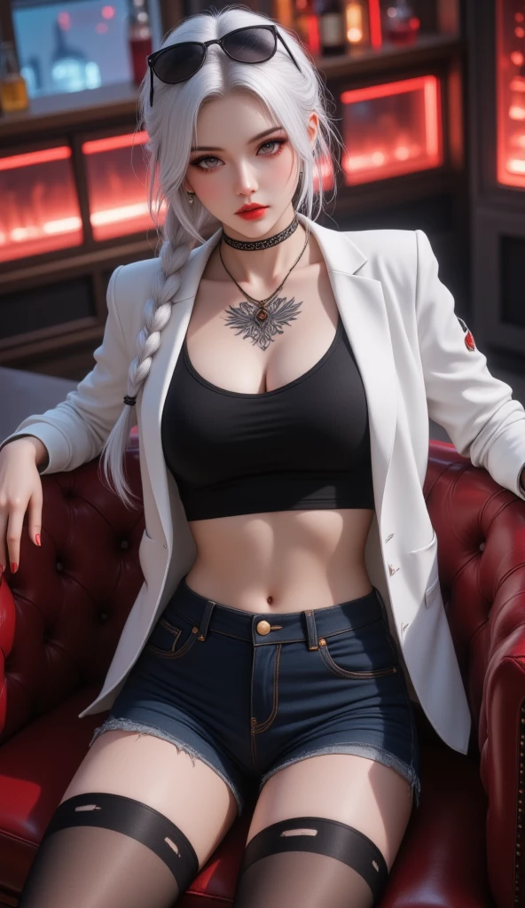 1 girl,lean over WINK,wearing (red formal shirt), neat clothes, formal attire, wearing a white blazer, white pants, outdoor,elegant,nighttime,moonlighe,shiny skin,( huge breasts:1.1), lip gloss,( tattoos:1.3), masterpiece, best quality, realistic ,Surrealism,natural colors art in 8k,soft shadows,Portrait art,solo, elise,