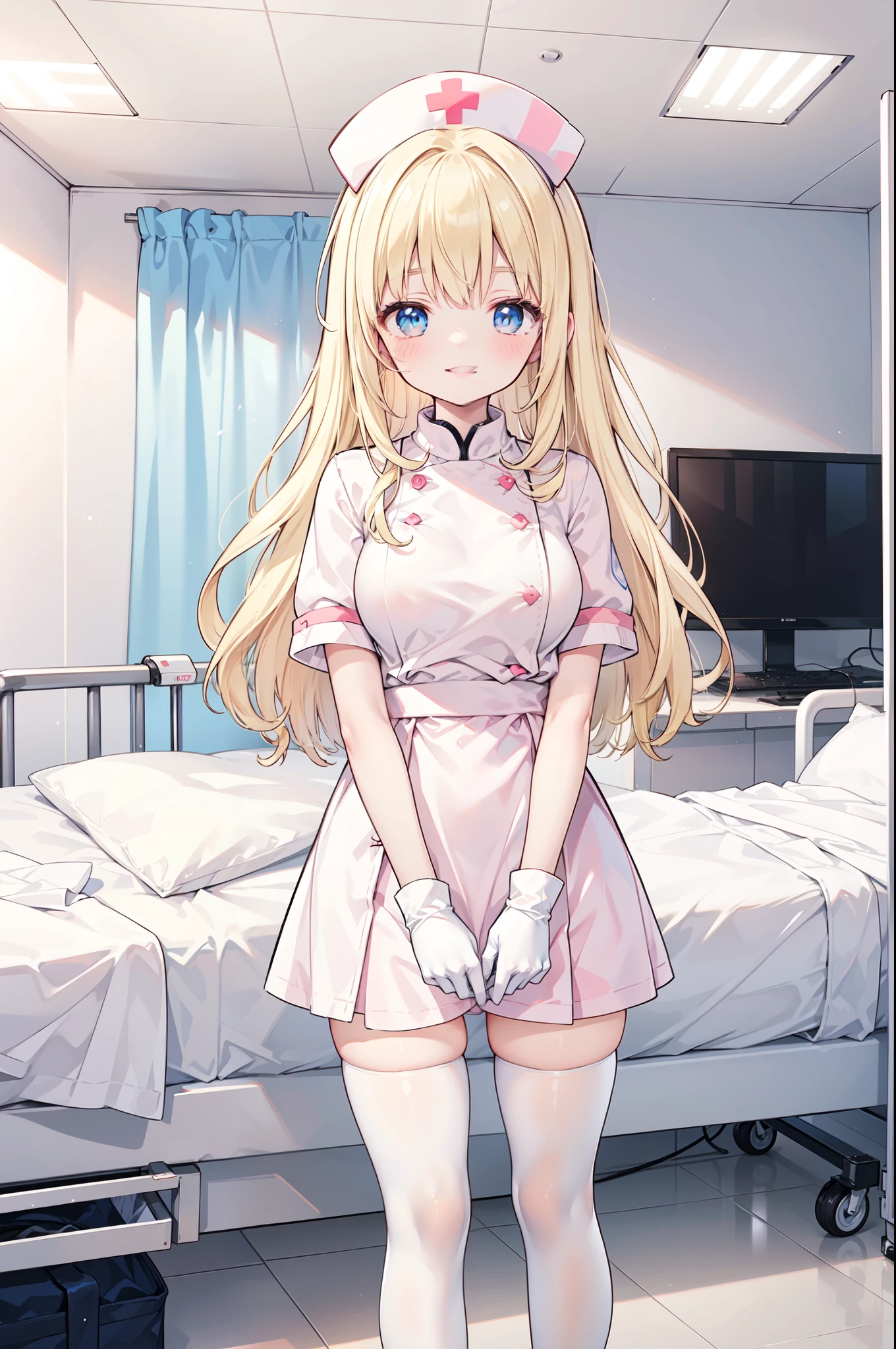 long_hair,red_eyes,blonde_hair,staring,((slim legs)),(white_thighhighs),(no shoes),sleeves,flat_chest,nurse cap,((nurse)),flat color,petite,solo,staring,full body,on bed,staring,nurse,,