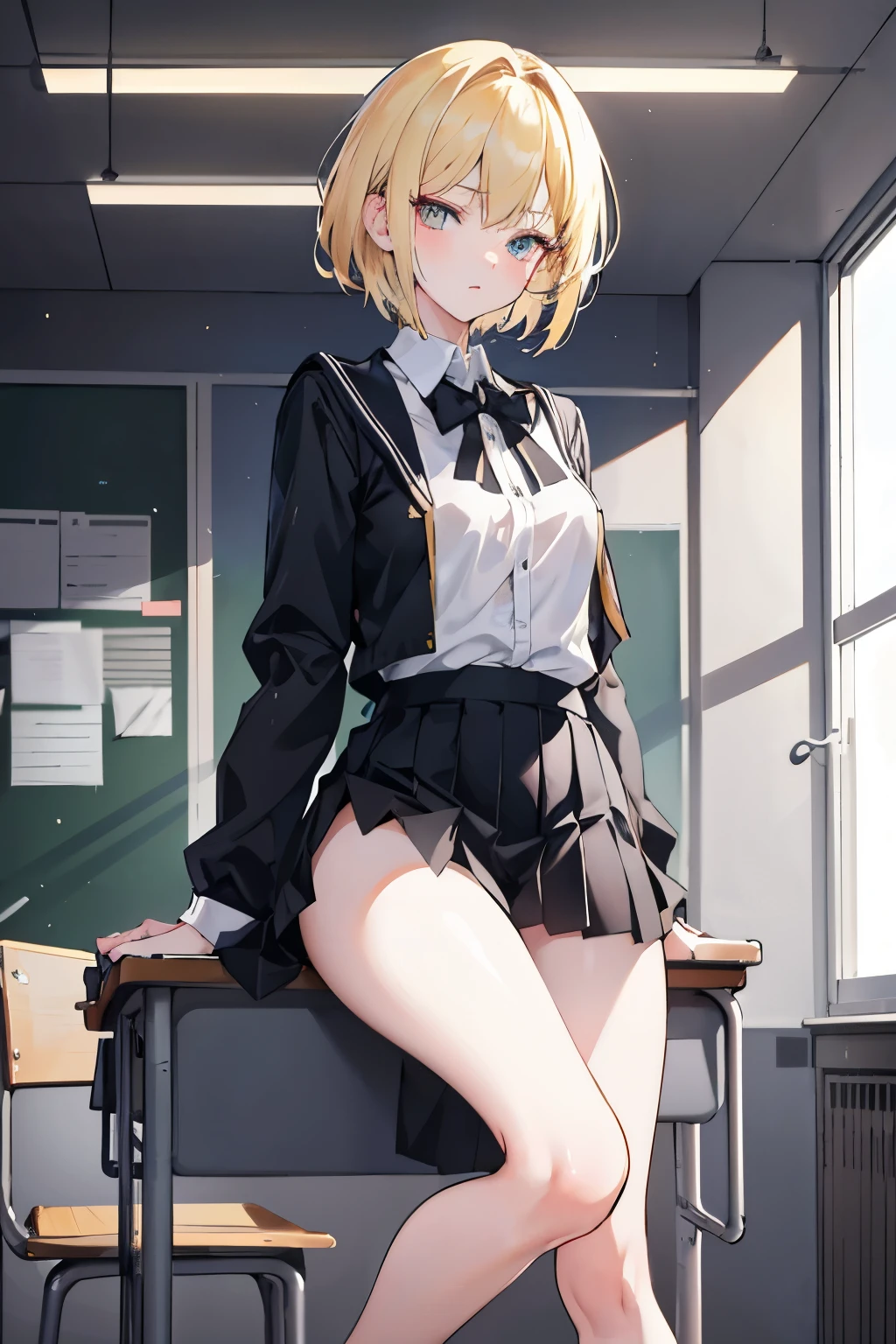 Masterpiece, Best Quality, Hi-Res, 1 Girl, Solo, Medium Breasts, Blonde, Short Hair, Two Horns on the Head, Bangs, Blue Eyes, Hair ween the Eyes, Long Sleeves, Bow Tie, see-though_wet_white School Uniform,short Skirt, Juliet Sleeves, Thighs, Cowboy Shot, (Skirt Lift: 1.2), no bra,no pants,no panties,Indoors, Toilet, Urinal, Sweat, Wet, Look Viewer,Panties, Wicked Smile