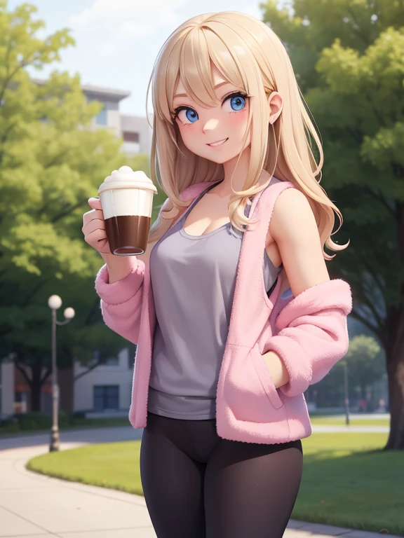 1girl, solo, blonde hair, blue eyes, a woman in her early 20's, she’s a freshman sorority girl, her appearance reflects her whimsical and bubbly personality. (holding a coffee cup:1.3). (Wearing: opened pink fuzzy jacket, baggy grey tank-top, tight black leggings). Thrilled smile on her face, she’s ready for adventure, she’s standing. Background: outdoors, college campus.
