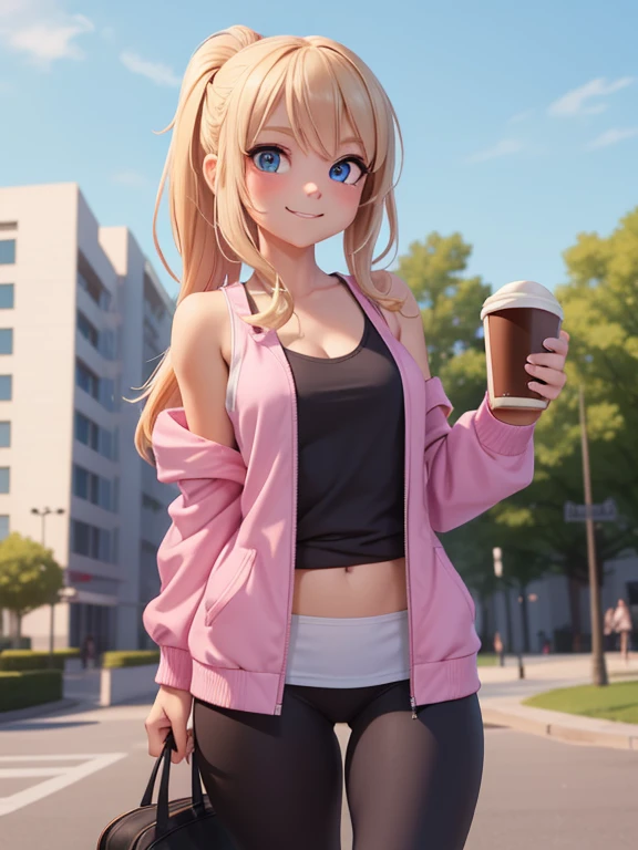 1girl, solo, blonde hair, blue eyes, a woman in her early 20's, she’s a freshman sorority girl, her appearance reflects her whimsical and bubbly personality. (holding a coffee cup:1.3). (Wearing: opened pink furred jacket, baggy grey tank-top, tight black leggings). Thrilled smile on her face, she’s ready for adventure, she’s standing. Background: outdoors, college campus.
