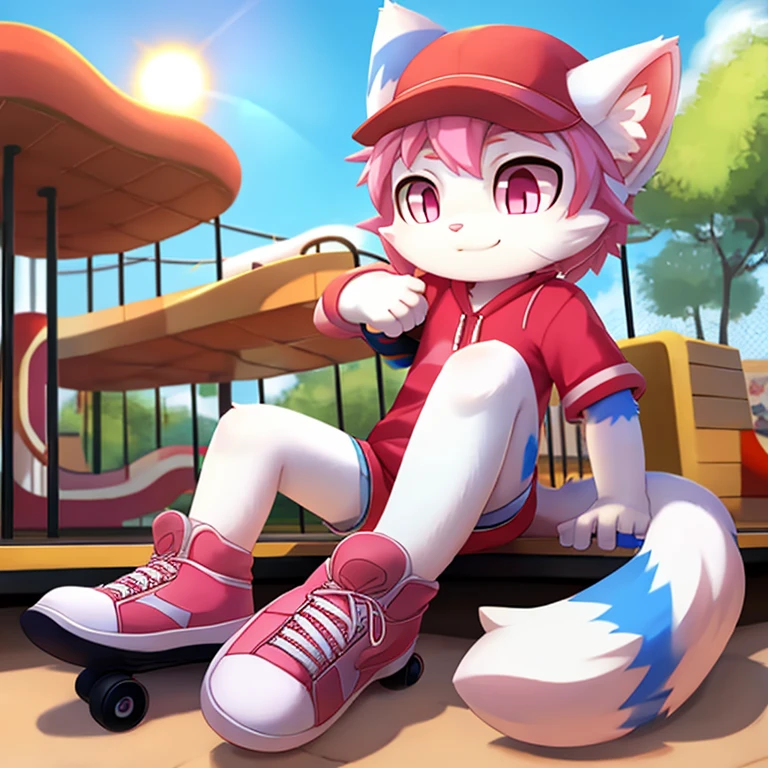 Young furry white cat, full of pink hair, pink eyes, pink nose, wearing a red hat, holding a skateboard, playground background, shoes, blue on white, sitting on a chair, sun freshness, high quality 