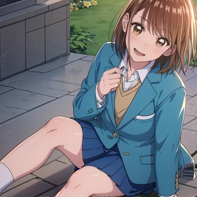 Full Body Shot,(masterpiece:1.2), Best Quality,((((High resolution)))), Unity 8K Wallpapers, (shape:0.8), ((((Highly detailed face)))), perfect lighting, (((Extremely detailed CG))), One Girl, bangs, Blue Skirt, Brown eyes, Brown Hair,Have a mobile phone,  ((Light blue blazer)), Gazing at the audience, short hair, Sitting, smile, Alone, tileフロア, tile壁, tile,((garden)),(((blue sky))),(((School building))),(((In front of the gym))),(((Sitting on stone steps))),((Open your mouth)),(((Brown Loafers))),((White socks))