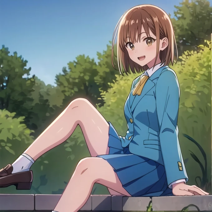 Full Body Shot,(masterpiece:1.2), Best Quality,((((High resolution)))), Unity 8K Wallpapers, (shape:0.8), ((((Highly detailed face)))), perfect lighting, (((Extremely detailed CG))), One Girl, bangs, Blue Skirt, Brown eyes, Brown Hair,Have a mobile phone,  ((Light blue blazer)), Gazing at the audience, short hair, Sitting, smile, Alone, tileフロア, tile壁, tile,((garden)),(((blue sky))),(((School building))),(((In front of the gym))),(((Sitting on stone steps))),((Open your mouth)),(((Brown Loafers))),((White socks))