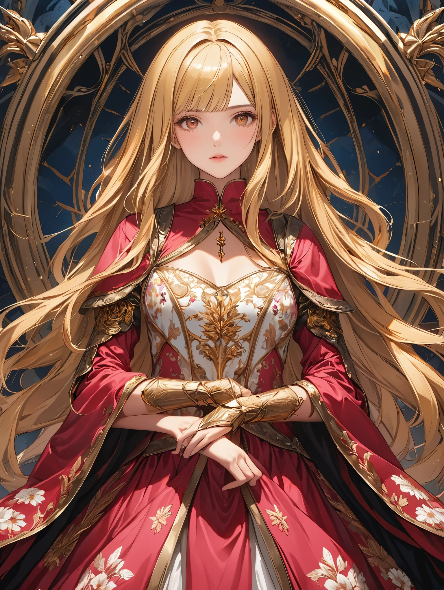 A woman in a red dress with long blonde hair and a gold crown - SeaArt AI